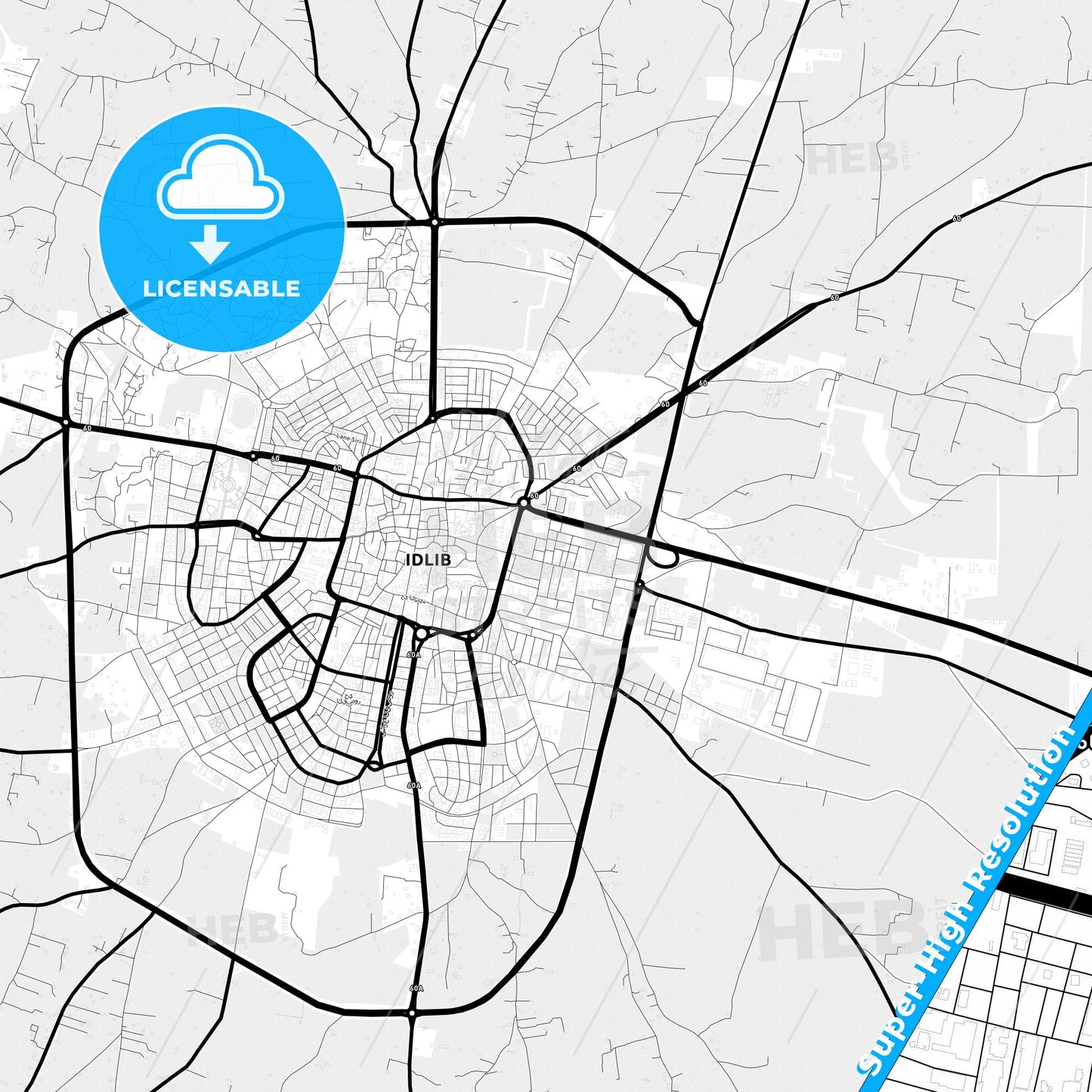 Idlib, Syria Light Map with Street Names, City Names, and Districts