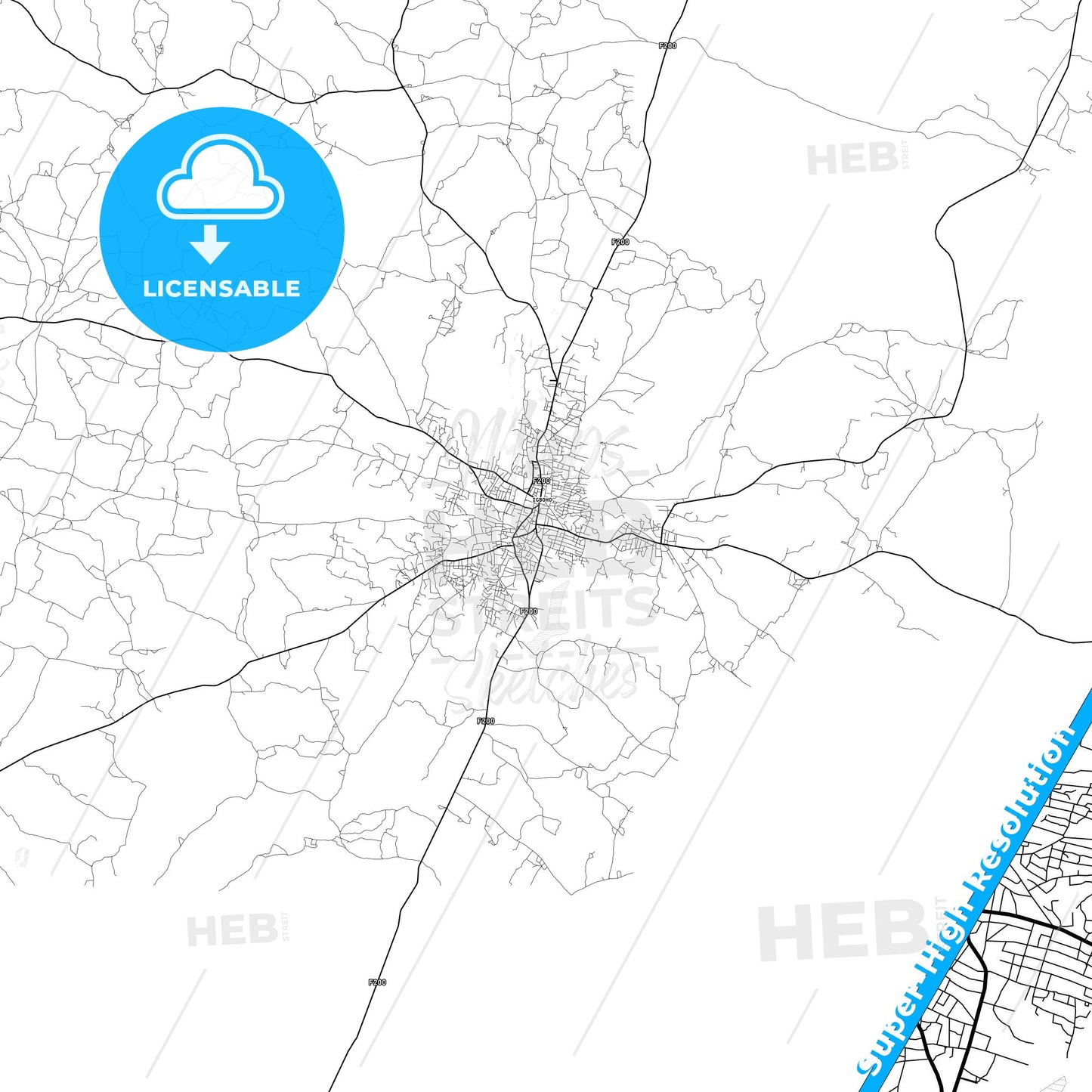 Igboho, Nigeria light map with streetnames, citynames and districts