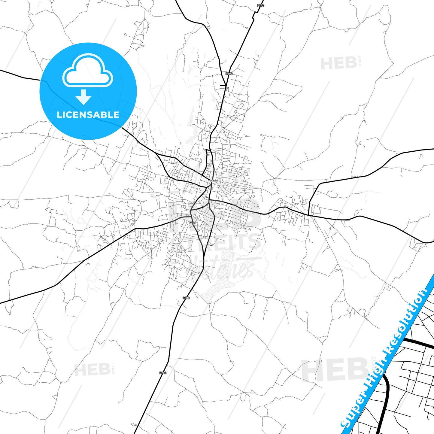 Igboho, Nigeria Light Map with Street Names, City Names, and Districts
