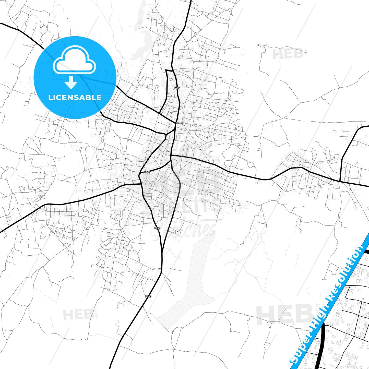 Igboho, Nigeria Light Map with Street Names, City Names, and Districts
