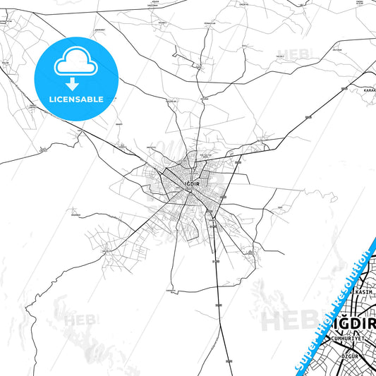 Iğdır, Turkey light map with streetnames, citynames and districts