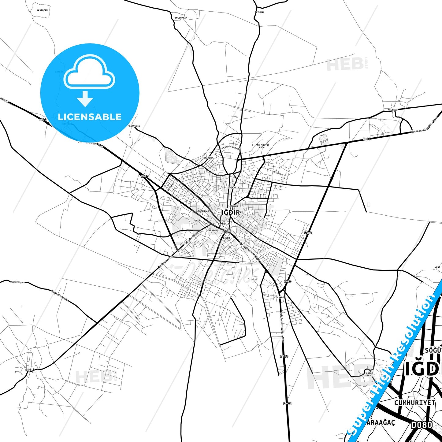 Iğdır, Turkey Light Map with Street Names, City Names, and Districts