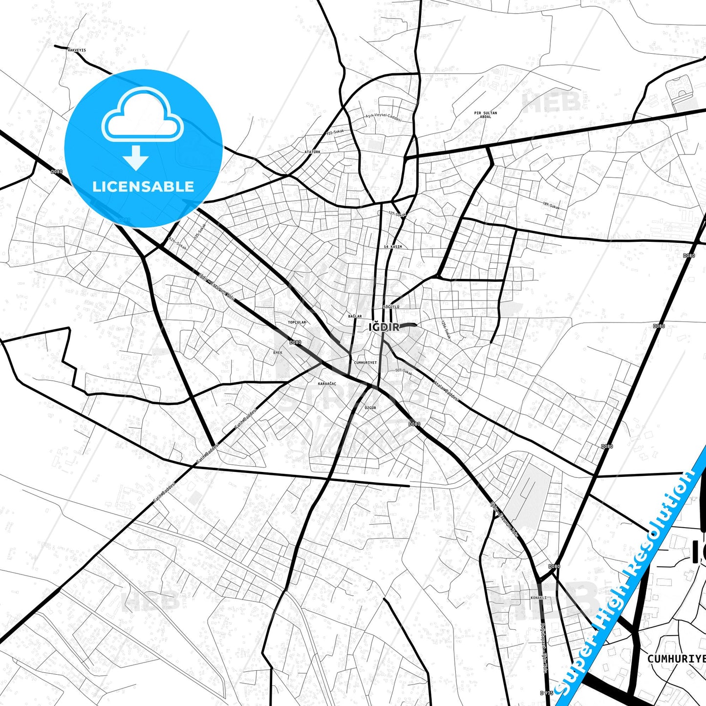 Iğdır, Turkey Light Map with Street Names, City Names, and Districts