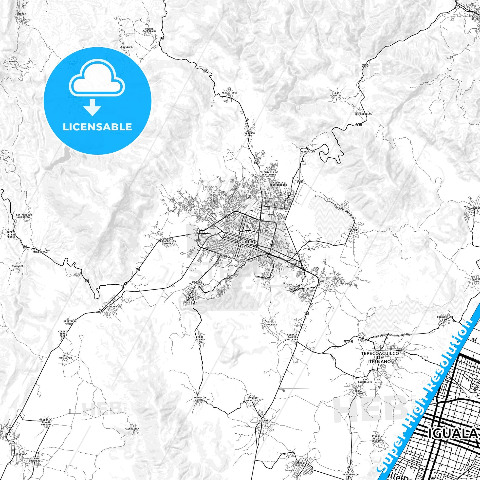 Iguala, Mexico light map with streetnames, citynames and districts