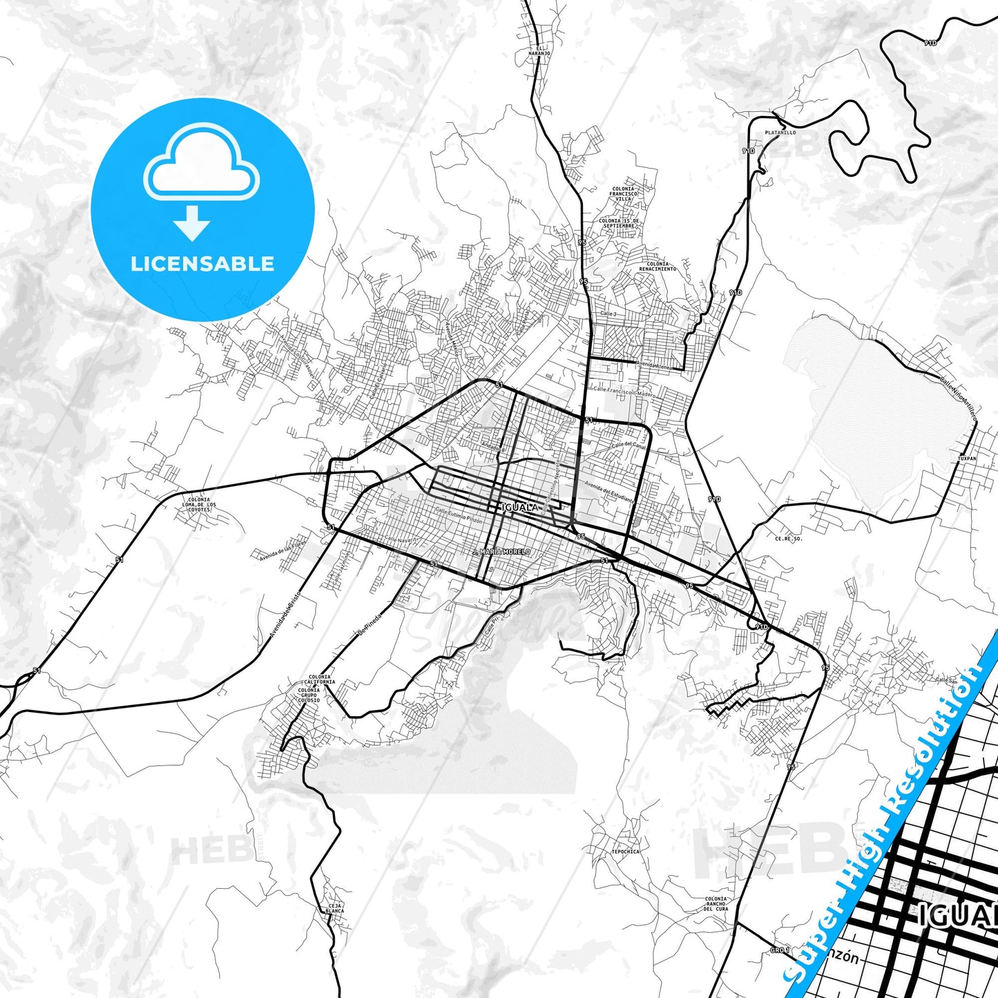 Iguala, Mexico Light Map with Street Names, City Names, and Districts