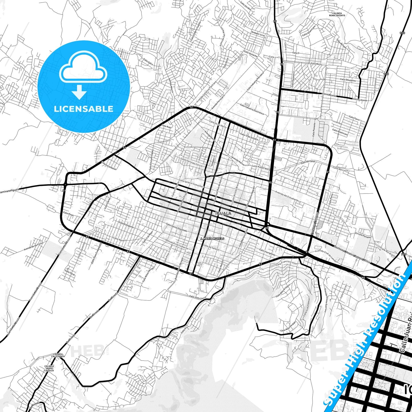 Iguala, Mexico Light Map with Street Names, City Names, and Districts
