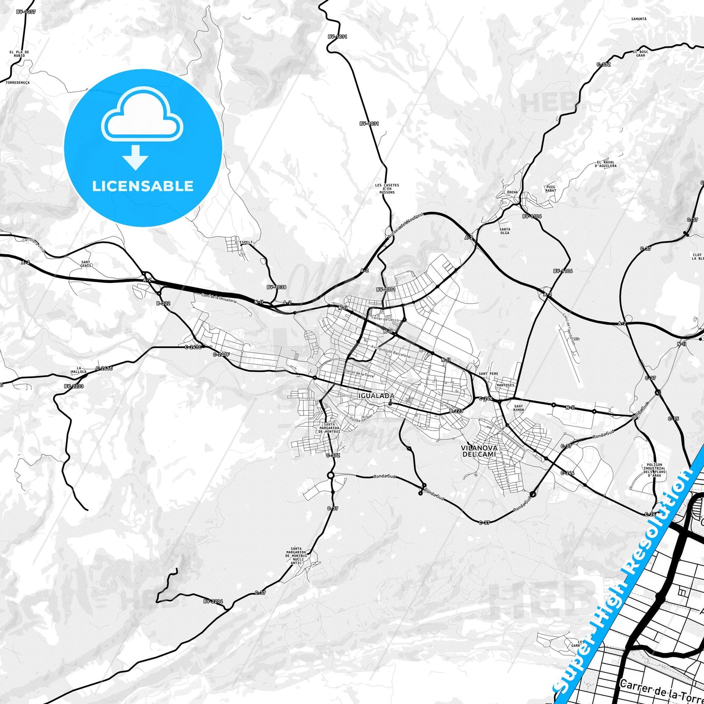 Igualada, Spain Light Map with Street Names, City Names, and Districts