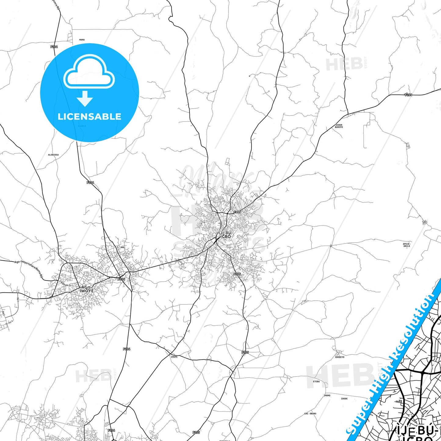 Ijebu-Igbo, Nigeria light map with streetnames, citynames and districts