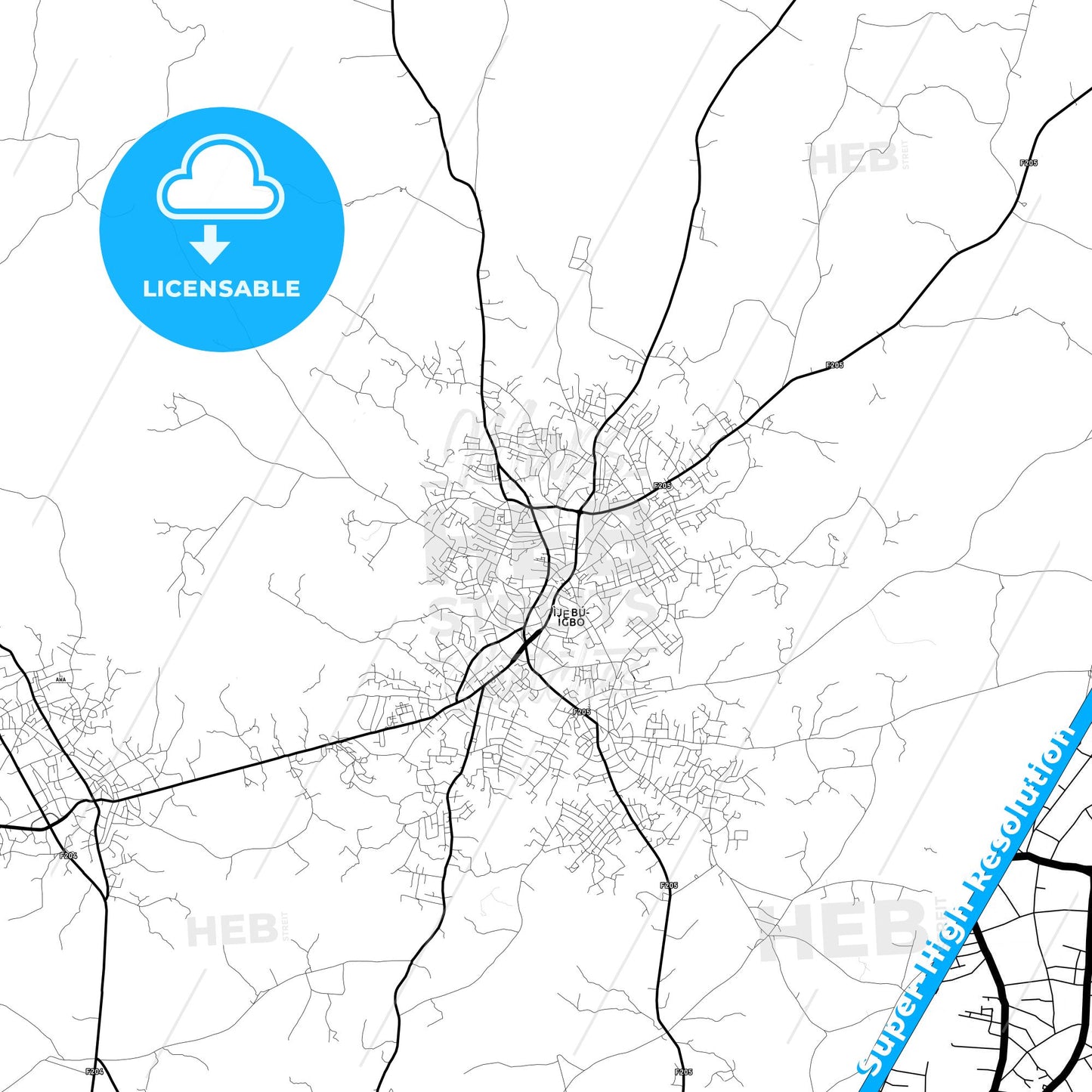 Ijebu-Igbo, Nigeria Light Map with Street Names, City Names, and Districts