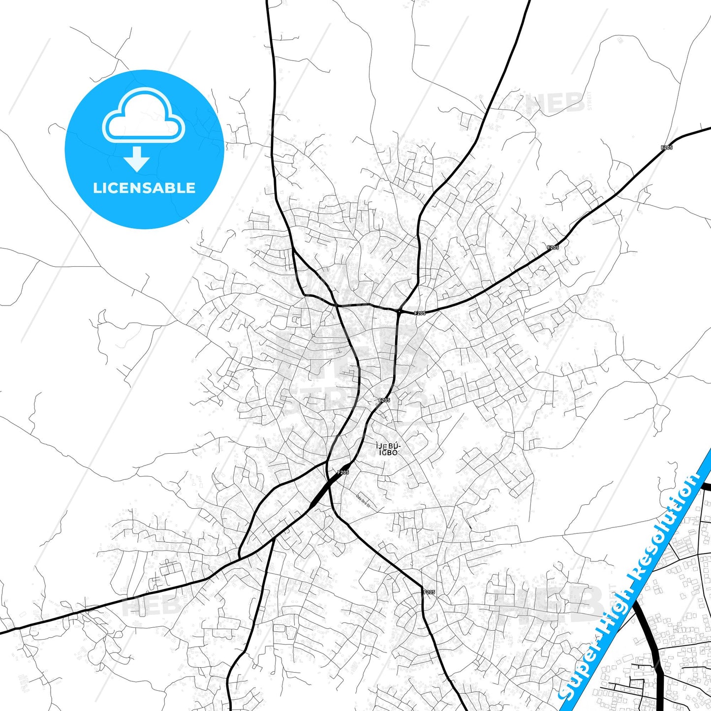 Ijebu-Igbo, Nigeria Light Map with Street Names, City Names, and Districts