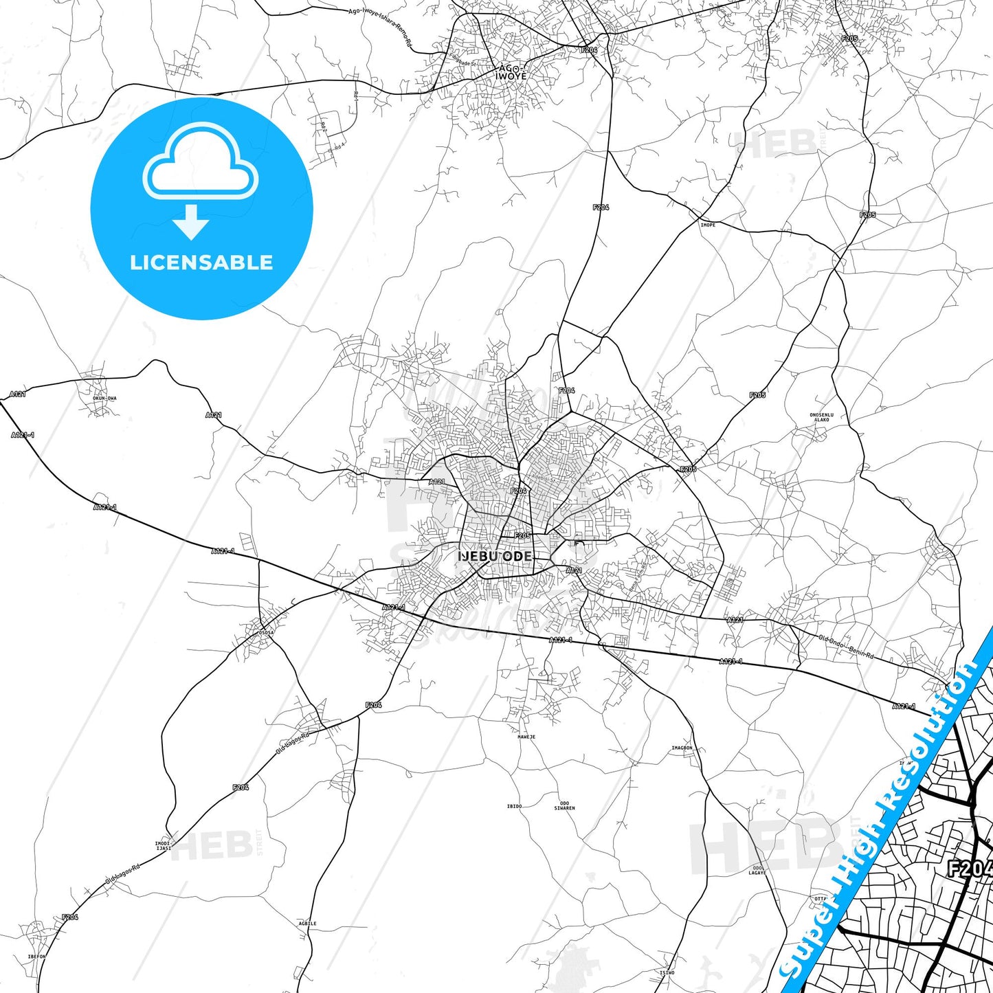 Ijebu-Ode, Nigeria light map with streetnames, citynames and districts