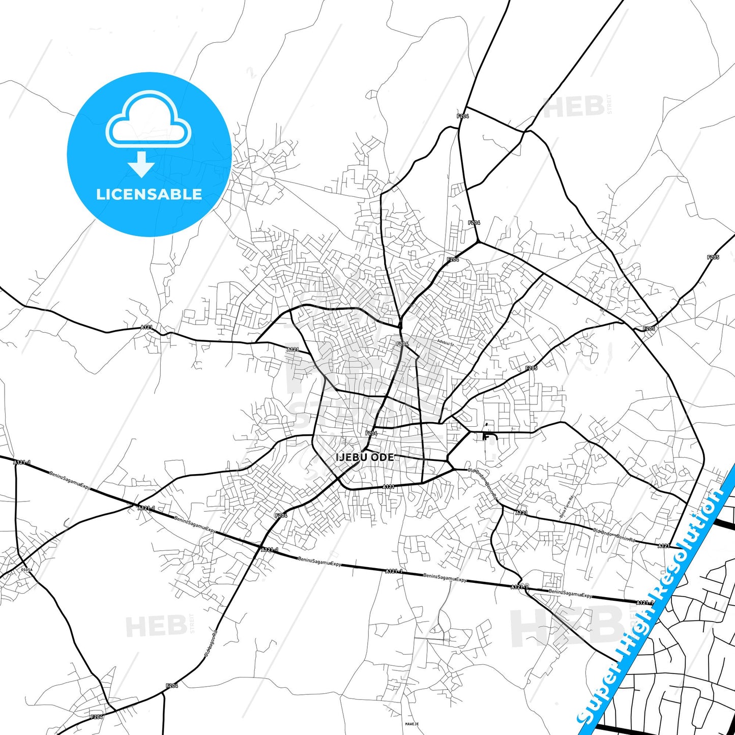 Ijebu-Ode, Nigeria Light Map with Street Names, City Names, and Districts