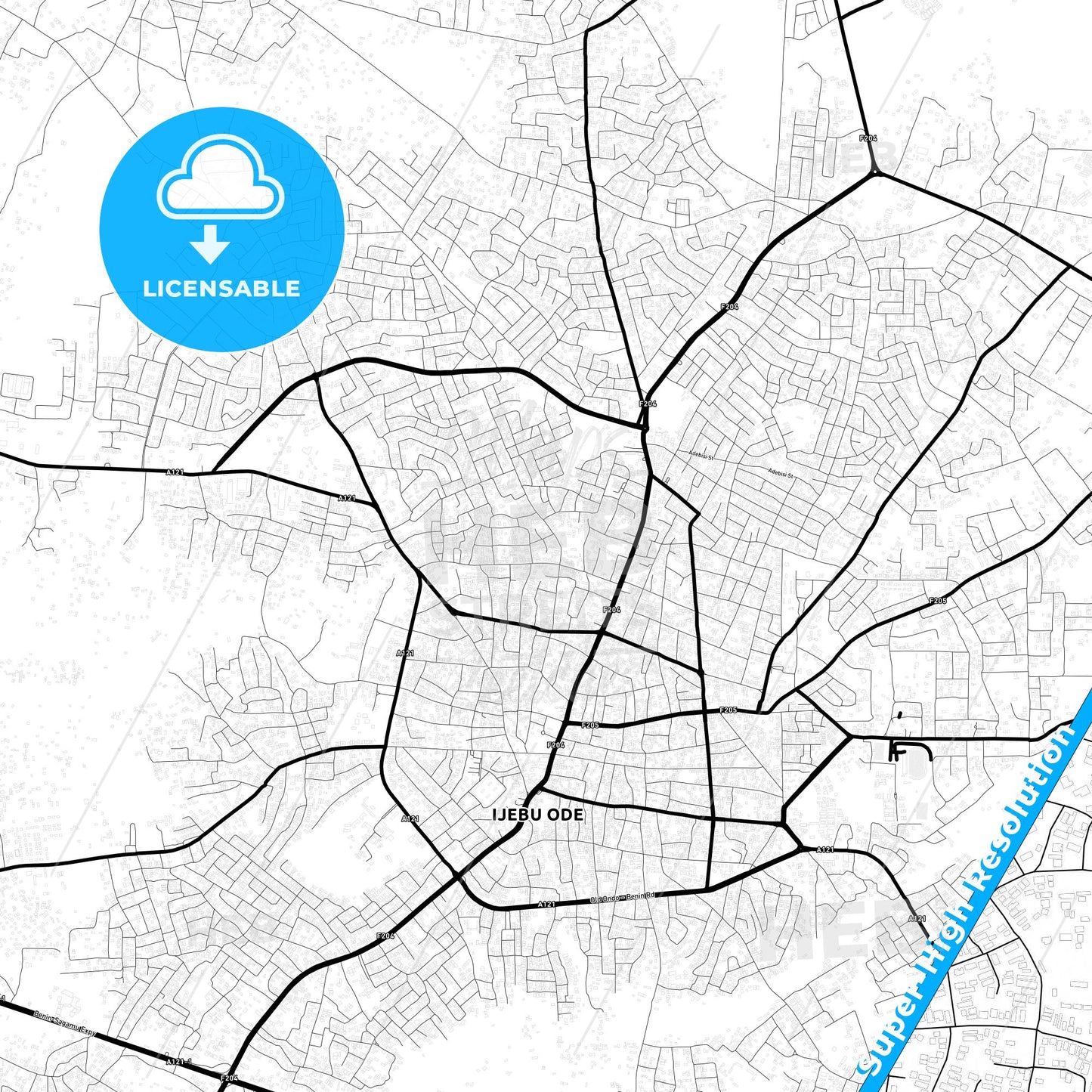 Ijebu-Ode, Nigeria Light Map with Street Names, City Names, and Districts