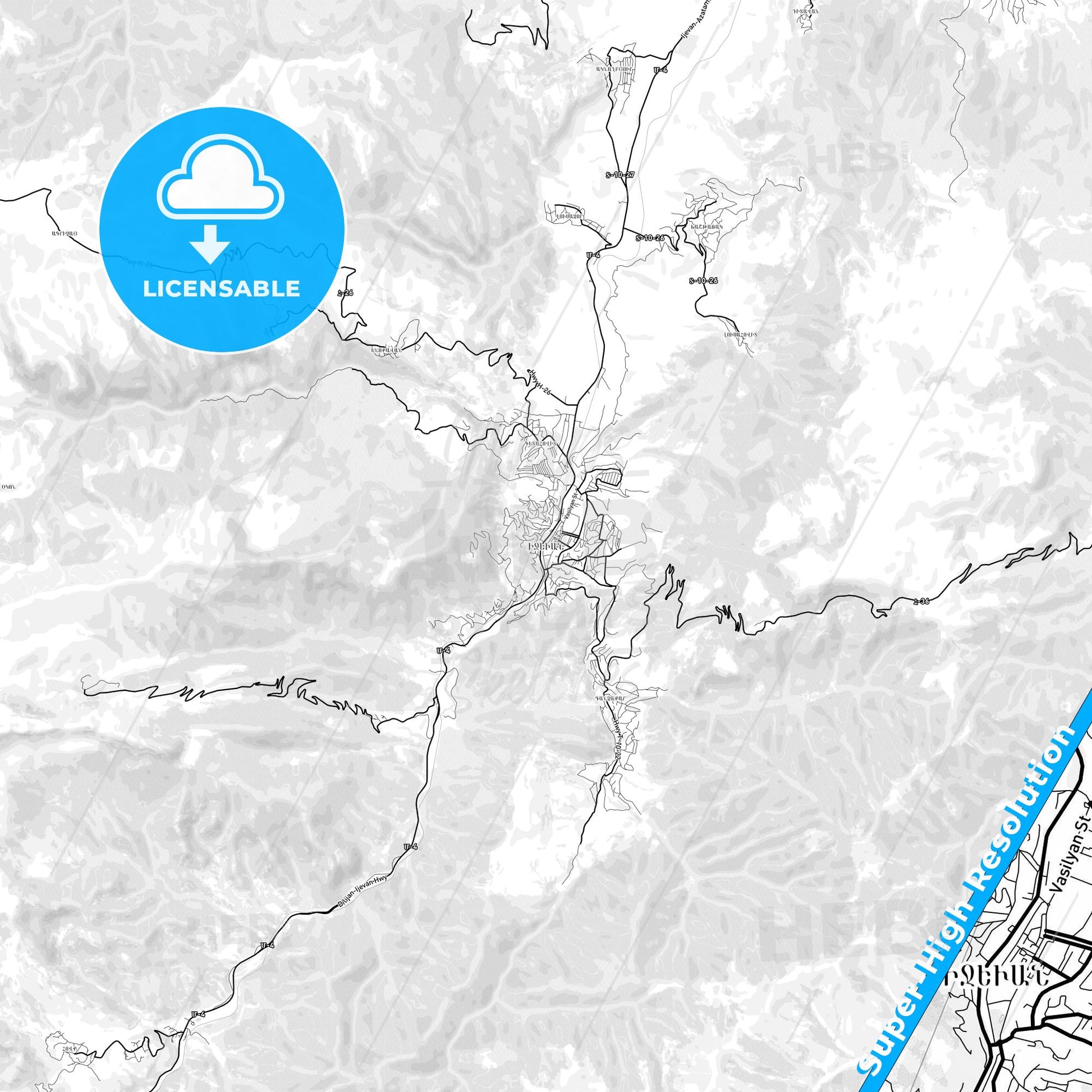 Ijevan, Armenia light map with streetnames, citynames and districts