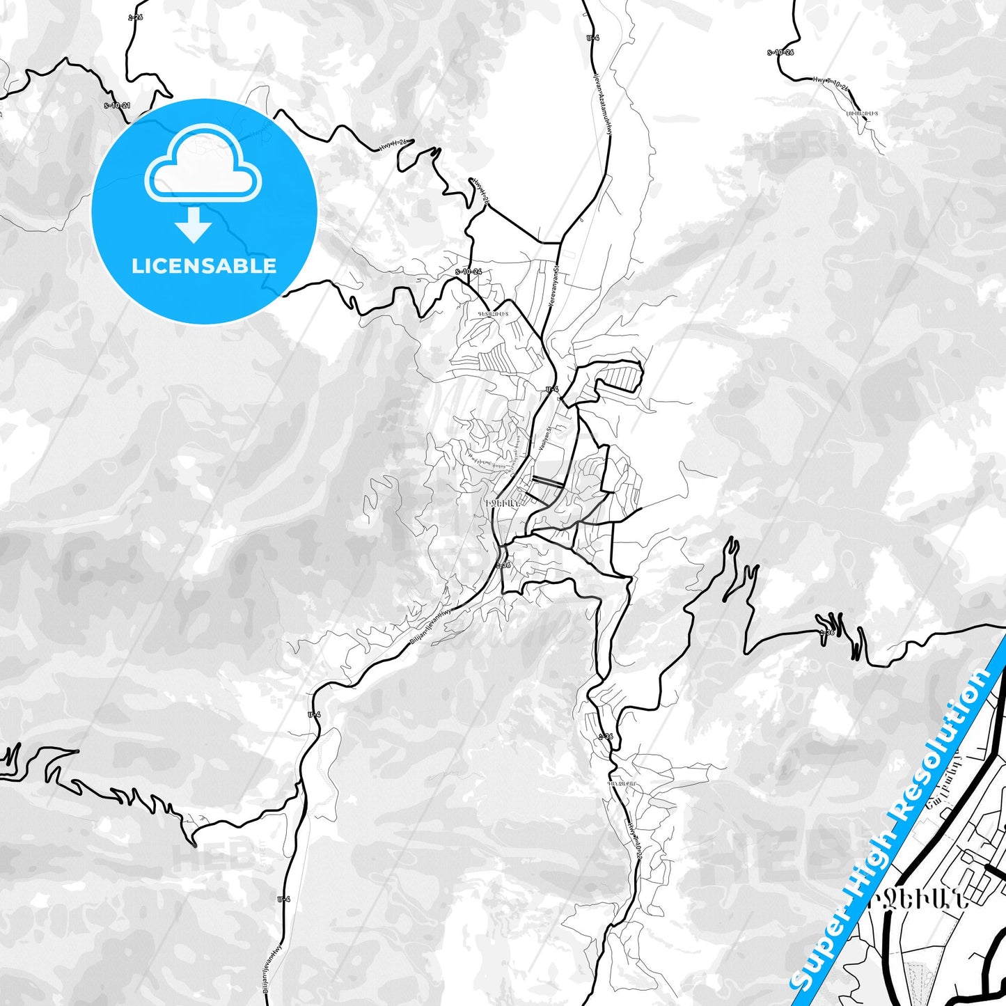 Ijevan, Armenia Light Map with Street Names, City Names, and Districts