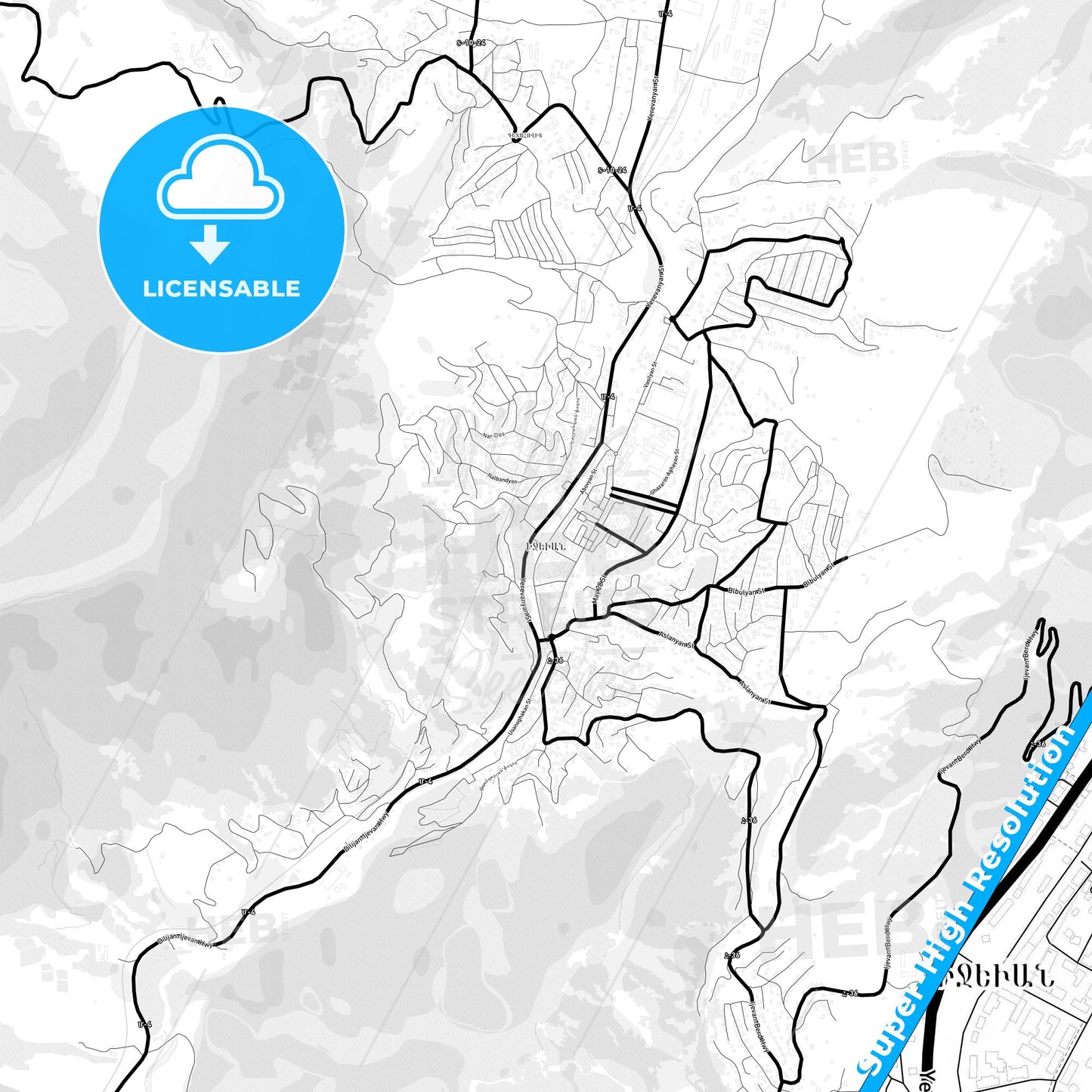 Ijevan, Armenia Light Map with Street Names, City Names, and Districts