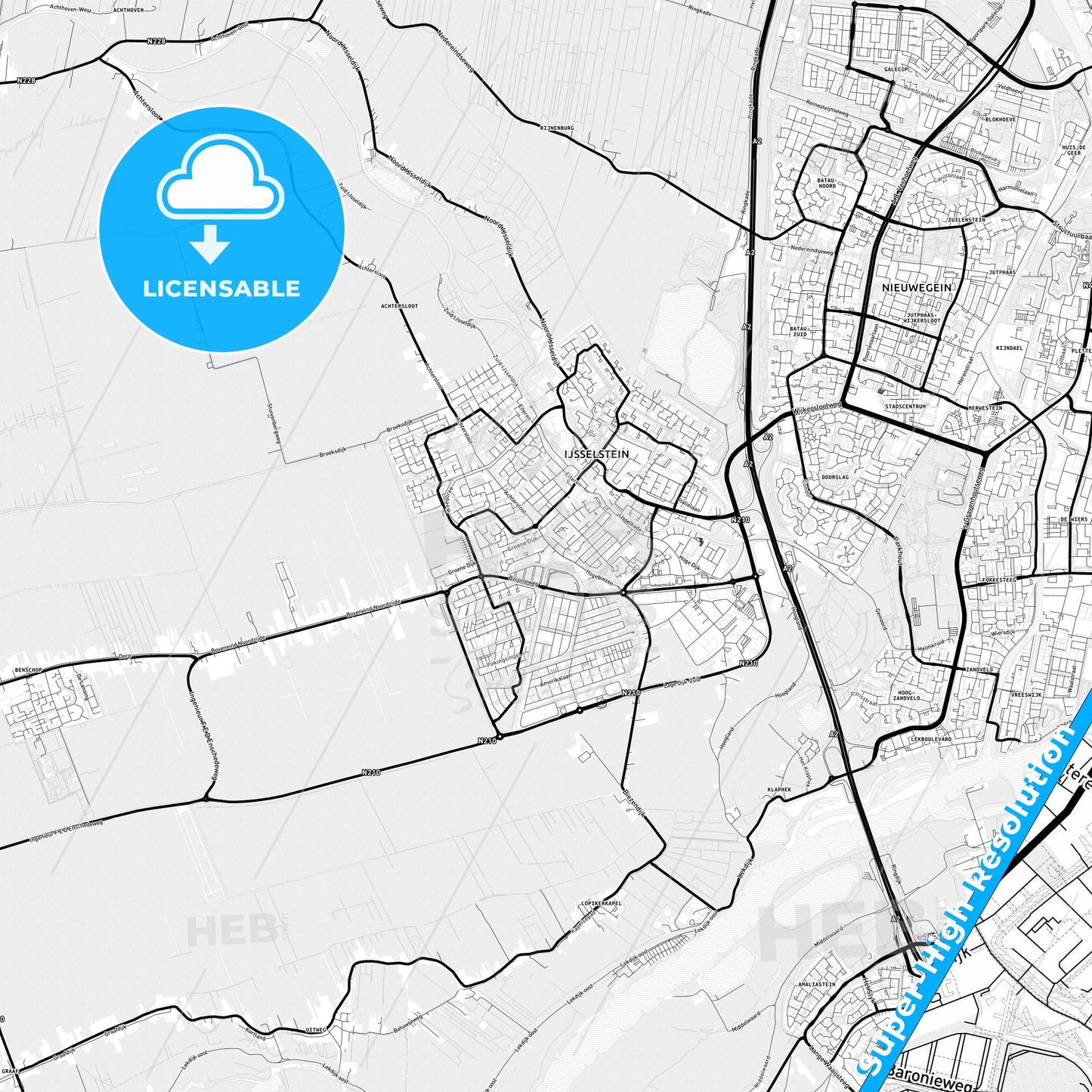 IJsselstein, Netherlands Light Map with Street Names, City Names, and Districts