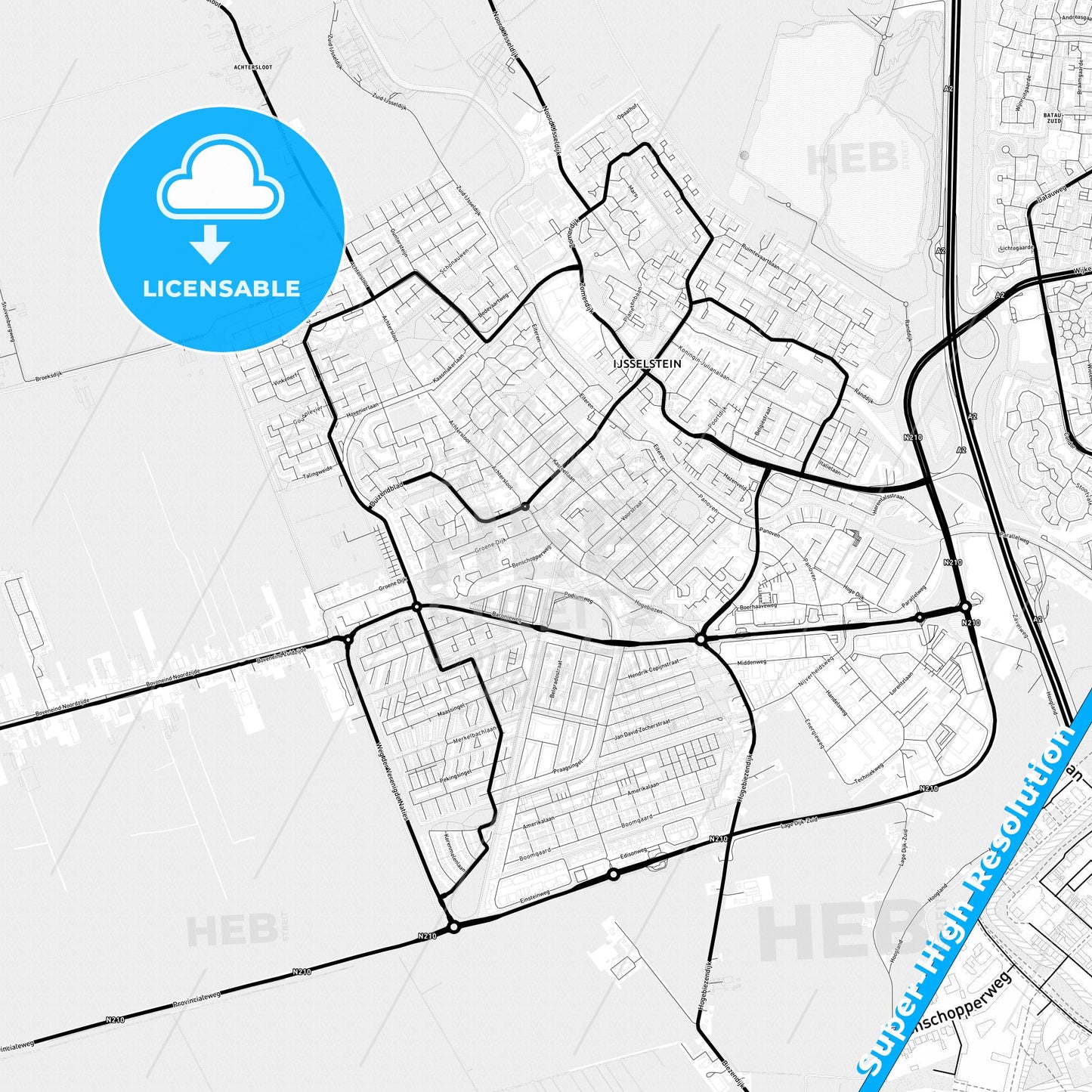 IJsselstein, Netherlands Light Map with Street Names, City Names, and Districts