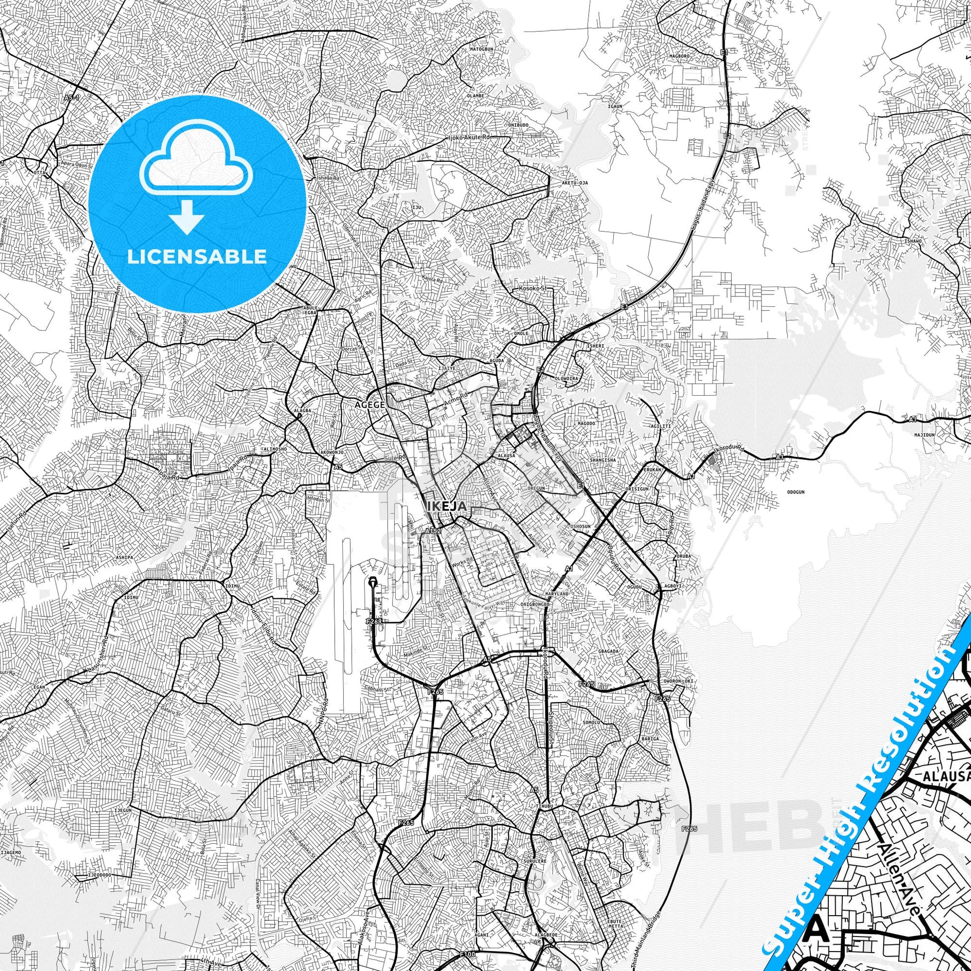 Ikeja, Nigeria light map with streetnames, citynames and districts