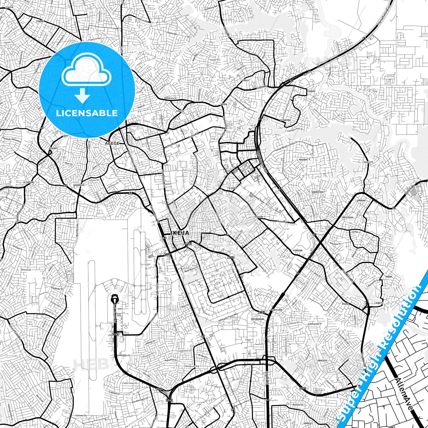 Ikeja, Nigeria Light Map with Street Names, City Names, and Districts