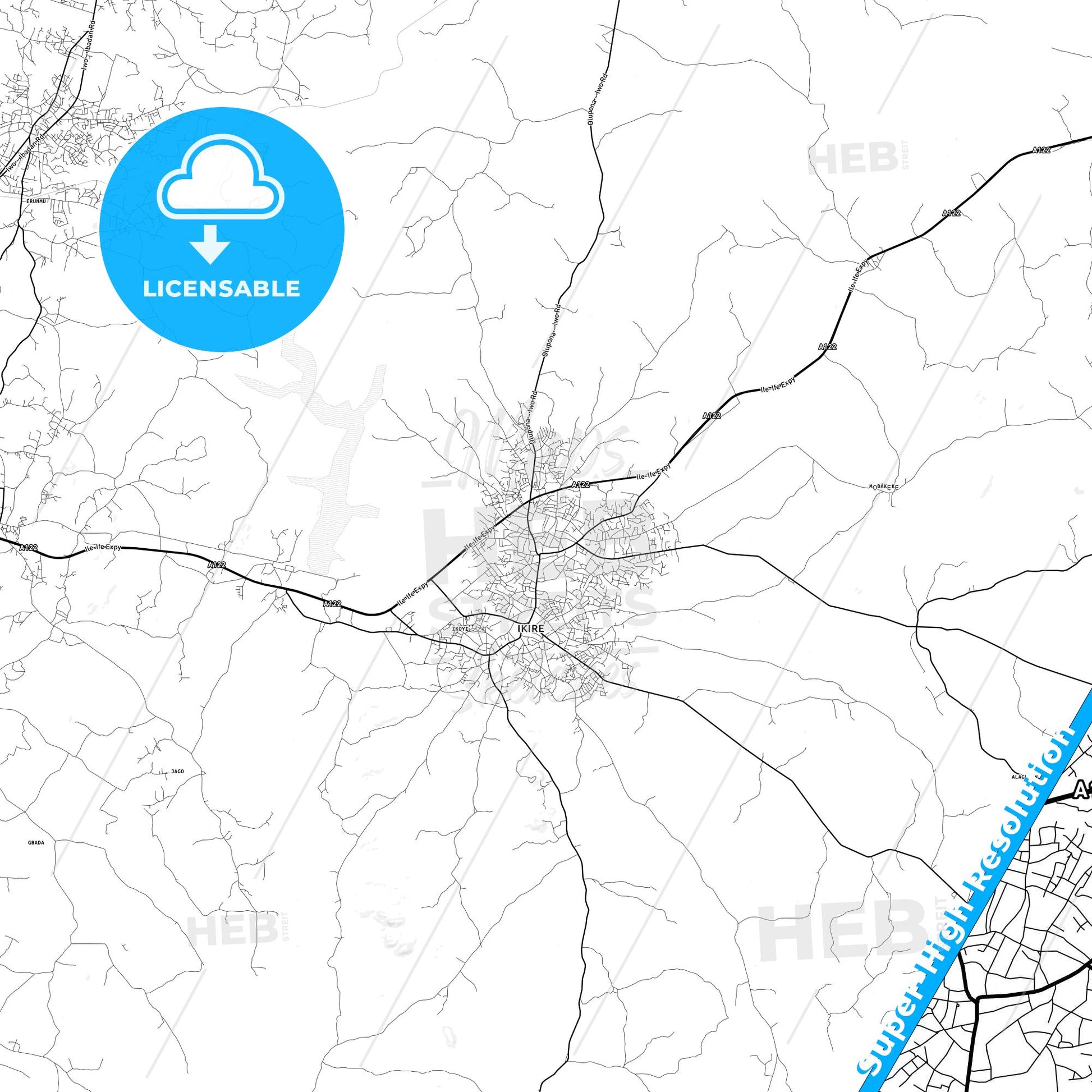 Ikire, Nigeria light map with streetnames, citynames and districts