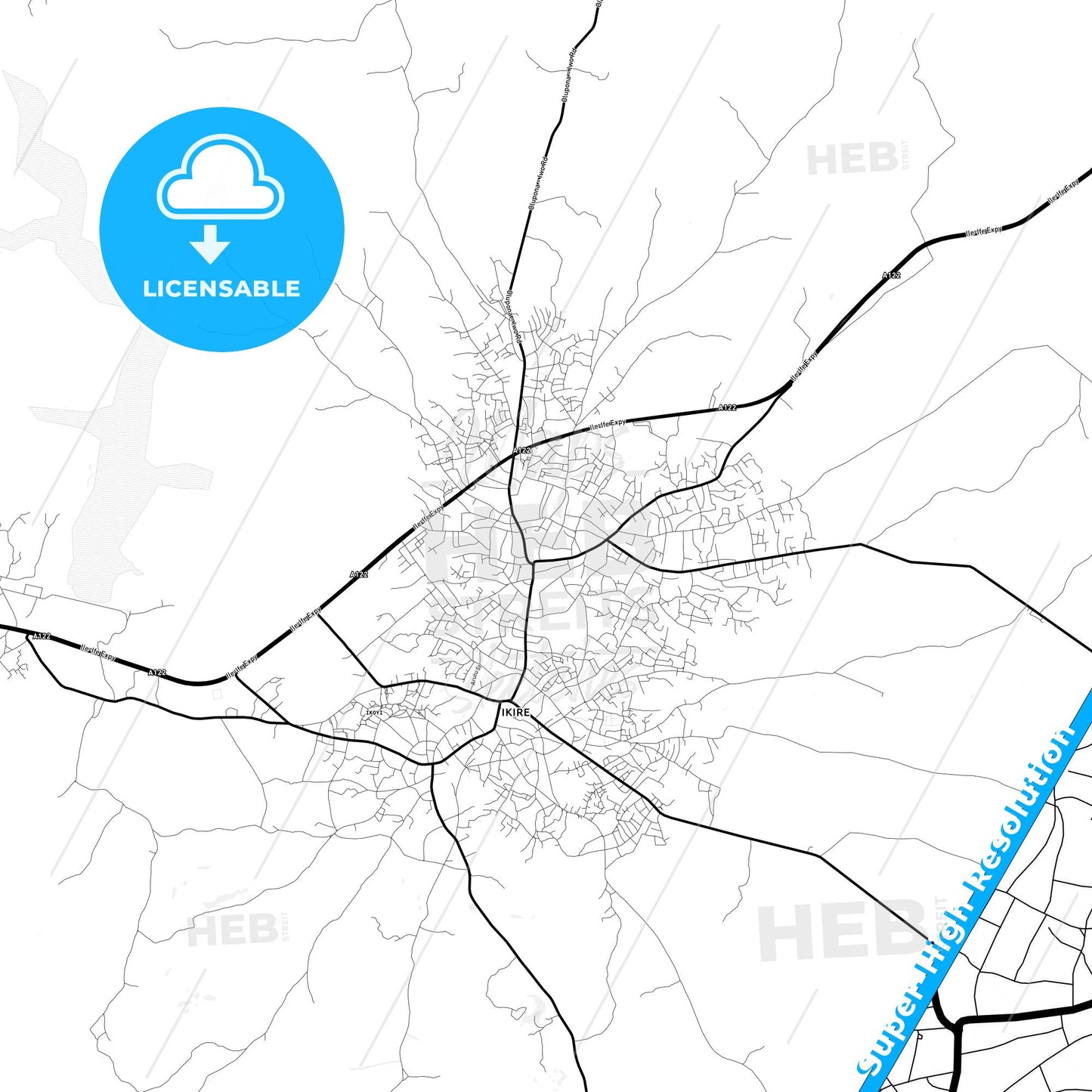 Ikire, Nigeria Light Map with Street Names, City Names, and Districts