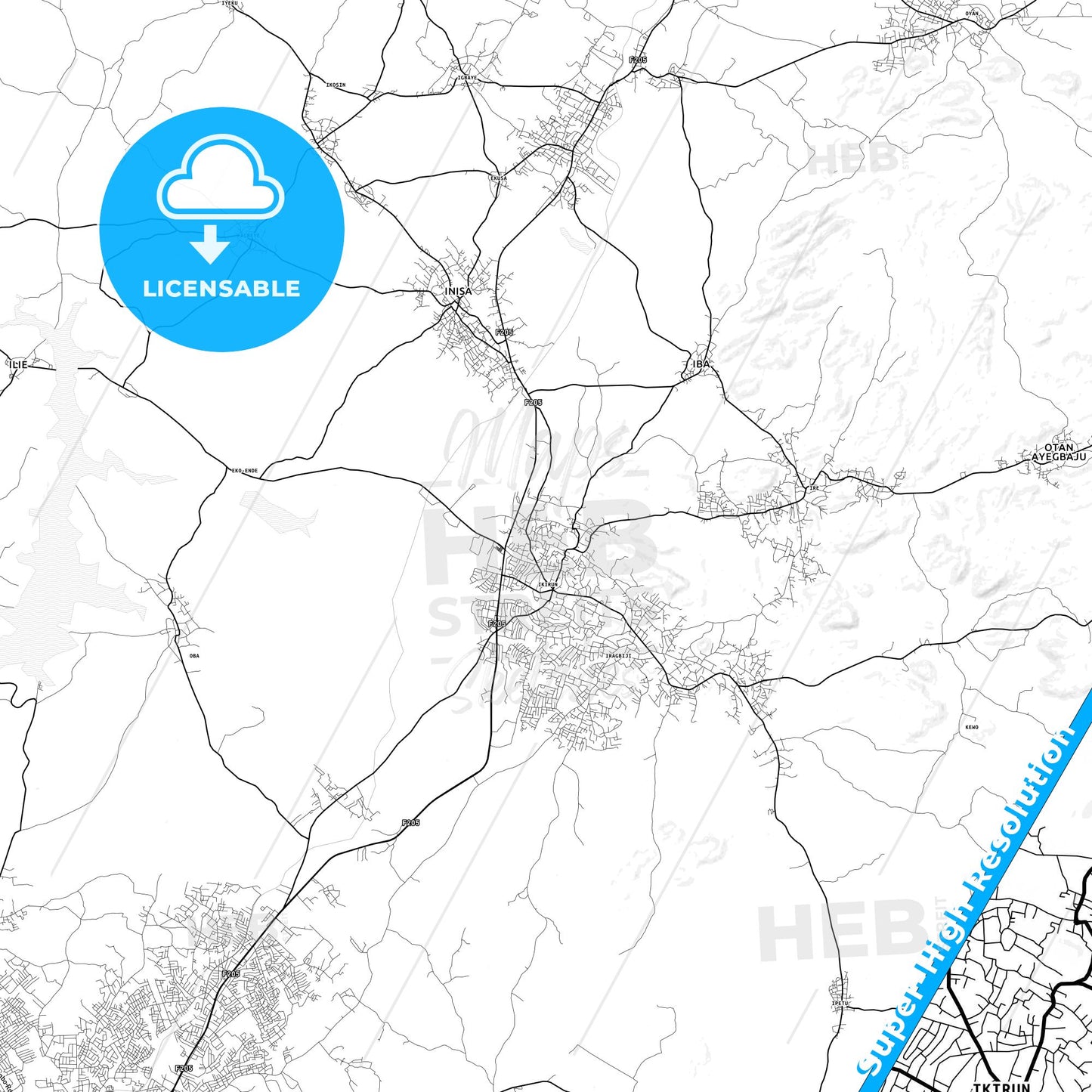 Ikirun, Nigeria light map with streetnames, citynames and districts