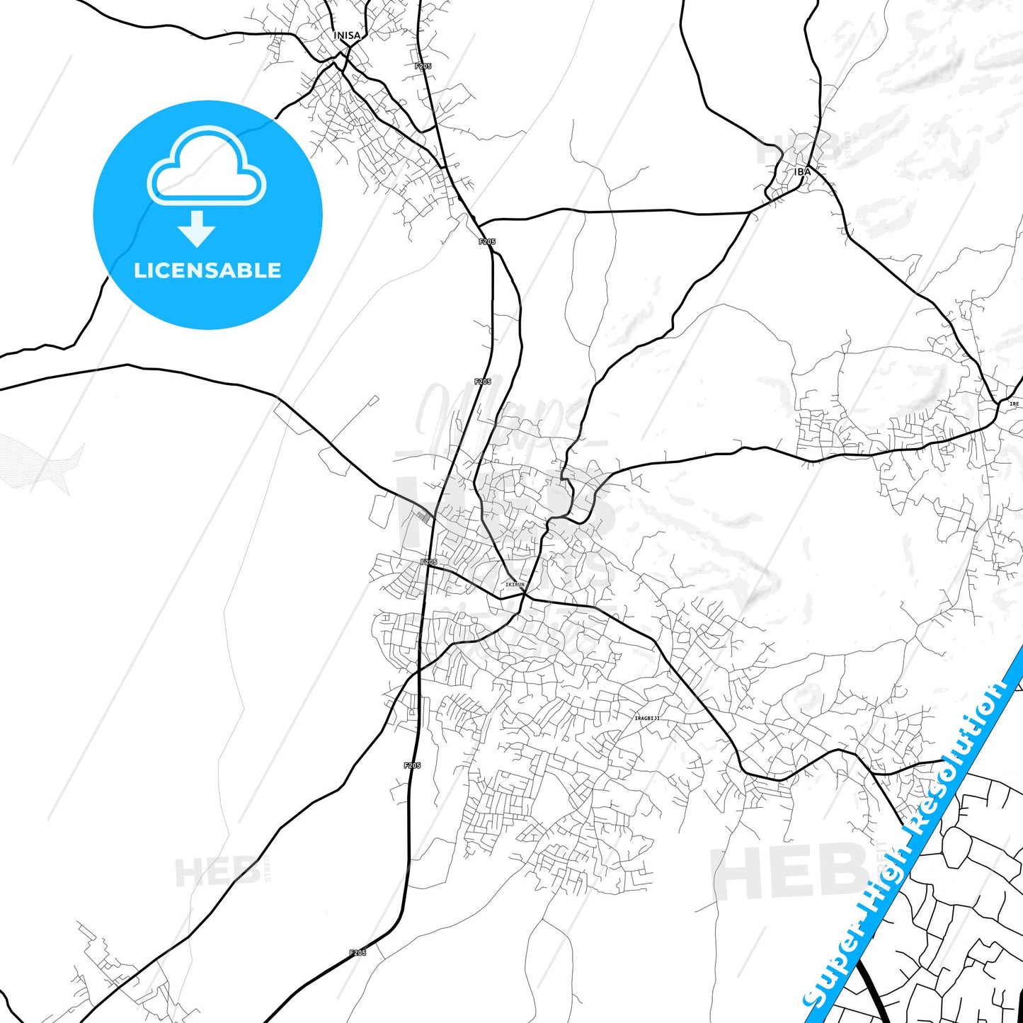 Ikirun, Nigeria Light Map with Street Names, City Names, and Districts