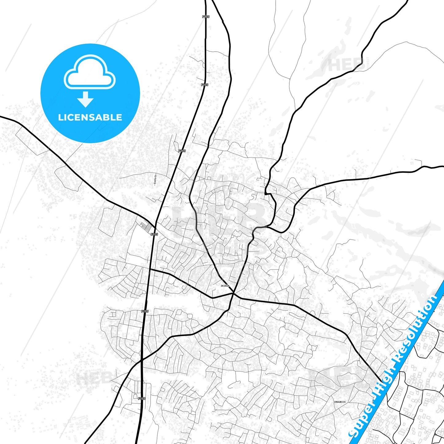Ikirun, Nigeria Light Map with Street Names, City Names, and Districts