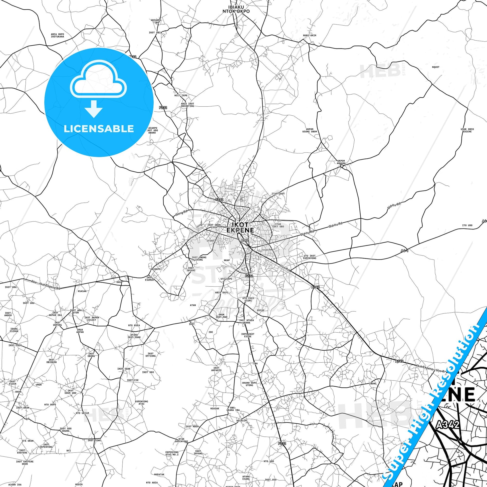 Ikot Ekpene, Nigeria light map with streetnames, citynames and districts