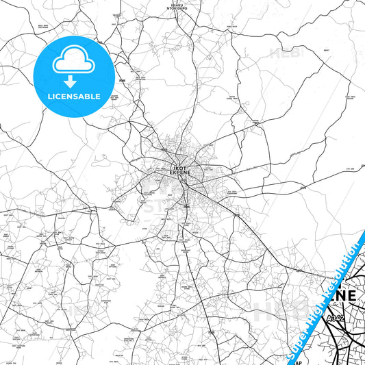 Ikot Ekpene, Nigeria light map with streetnames, citynames and districts