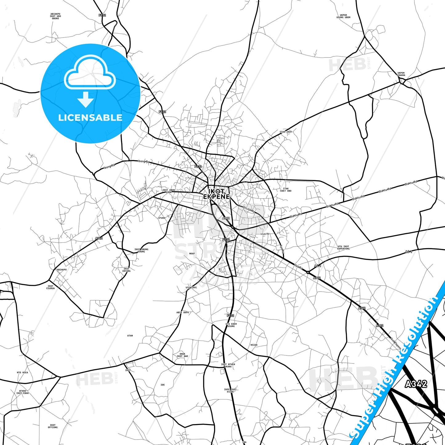 Ikot Ekpene, Nigeria Light Map with Street Names, City Names, and Districts