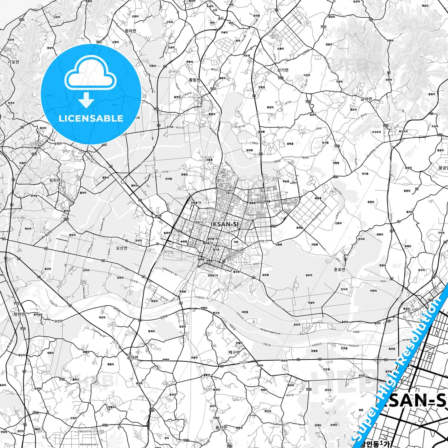 Iksan, South Korea light map with streetnames, citynames and districts