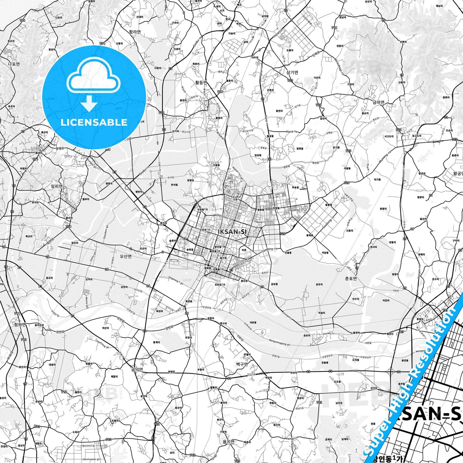 Iksan, South Korea light map with streetnames, citynames and districts