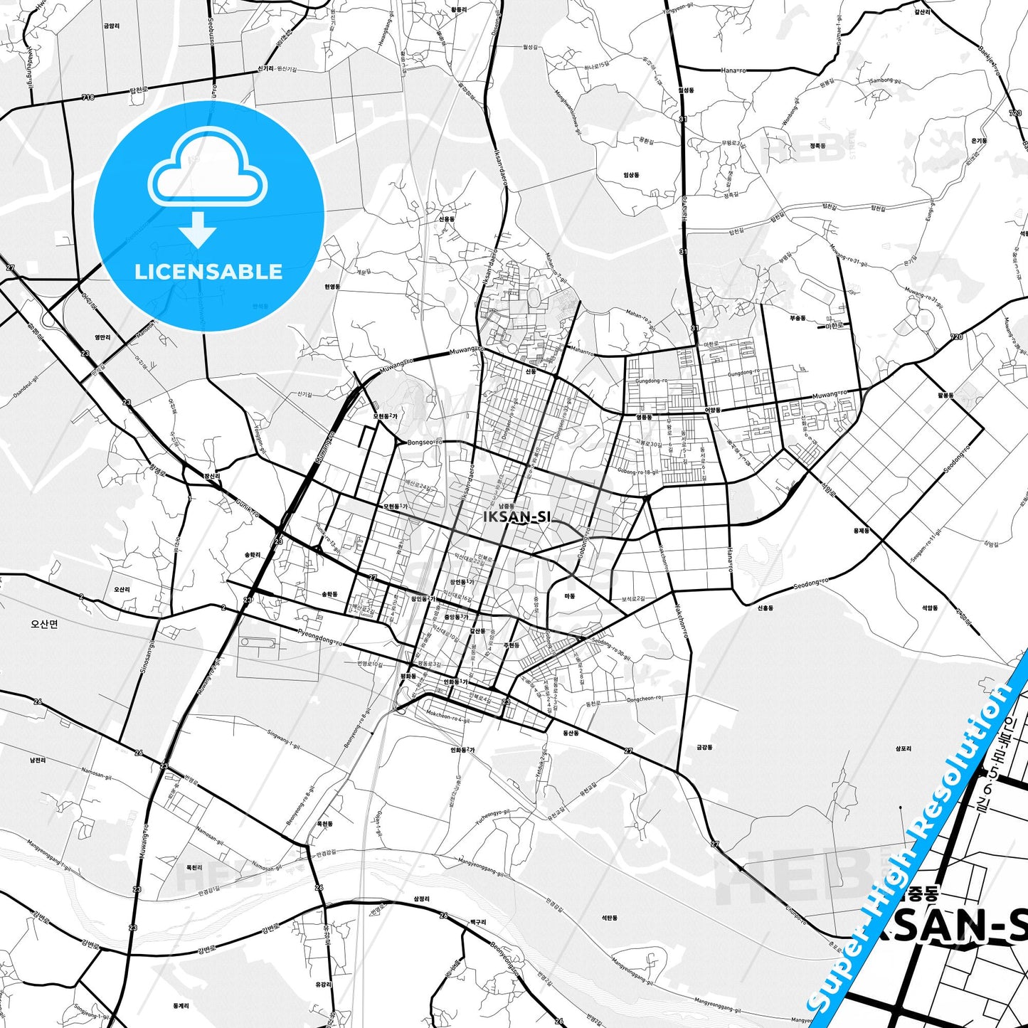 Iksan, South Korea Light Map with Street Names, City Names, and Districts