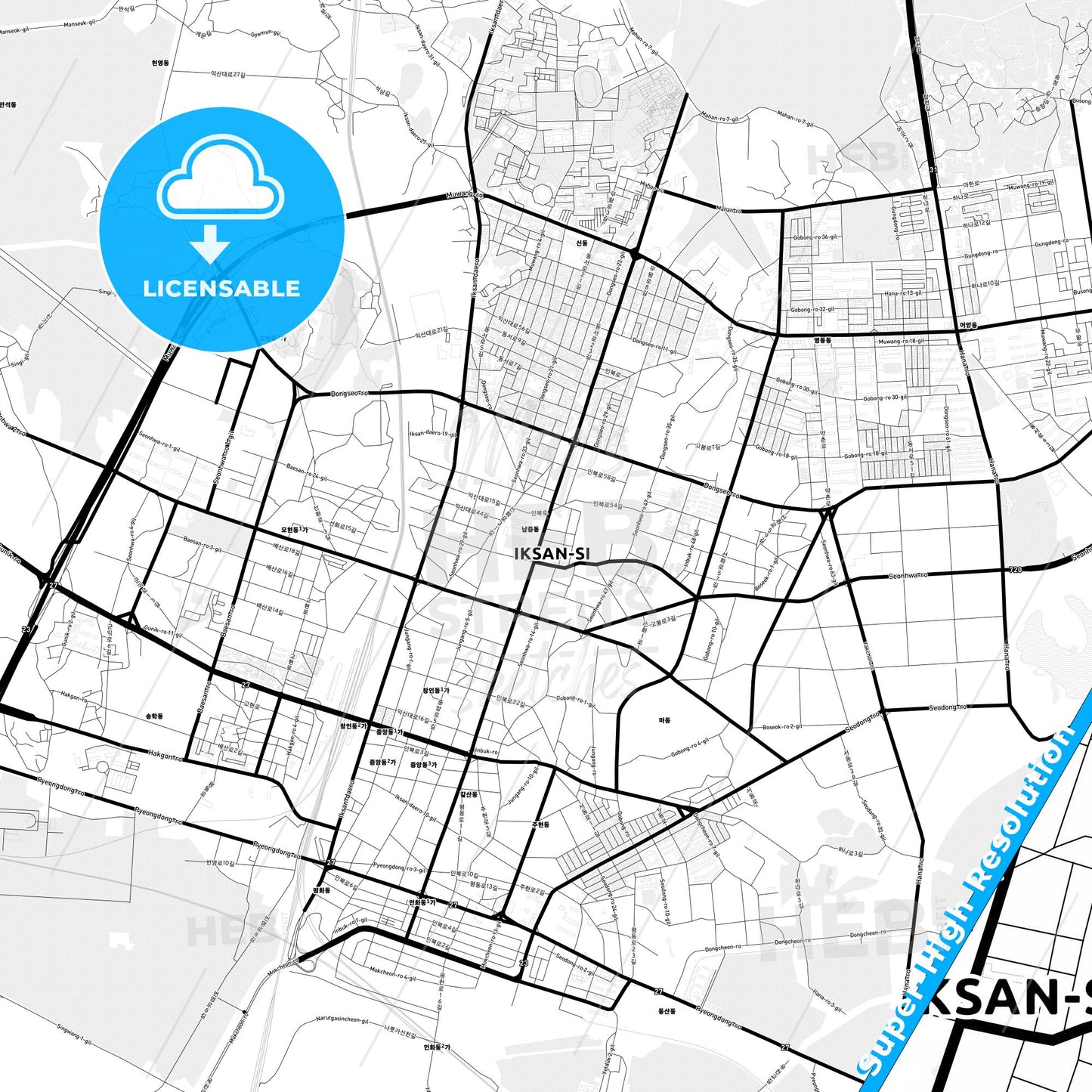 Iksan, South Korea Light Map with Street Names, City Names, and Districts