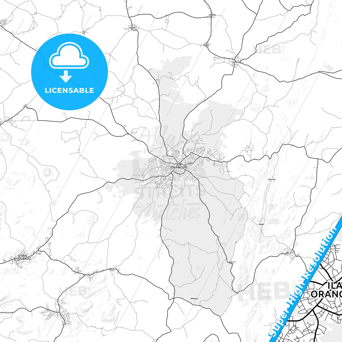 Ila Orangun, Nigeria light map with streetnames, citynames and districts