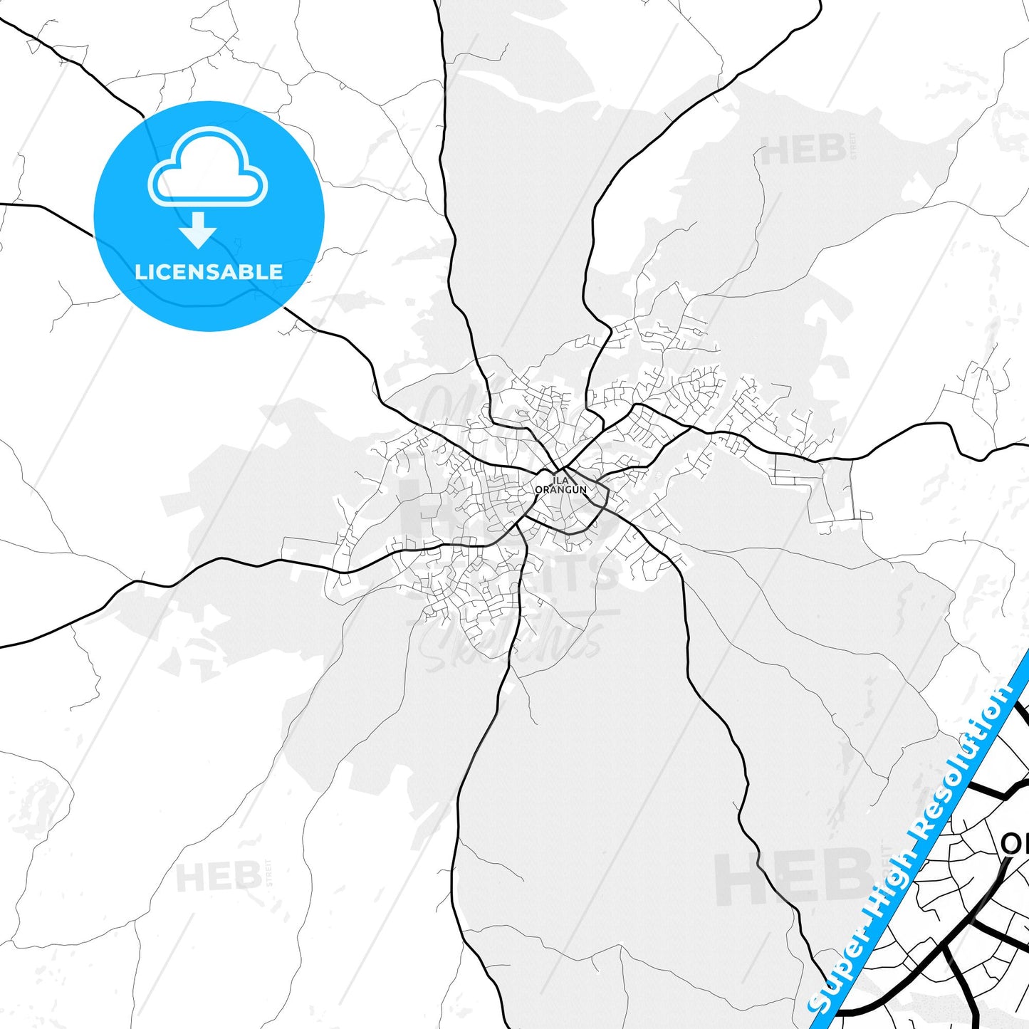 Ila Orangun, Nigeria Light Map with Street Names, City Names, and Districts