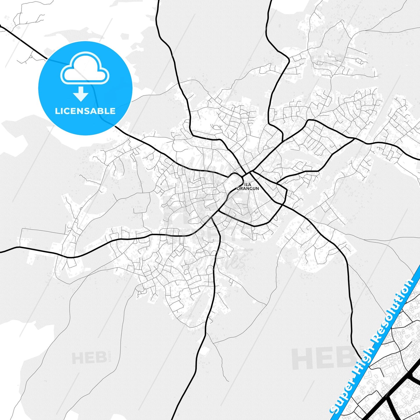 Ila Orangun, Nigeria Light Map with Street Names, City Names, and Districts