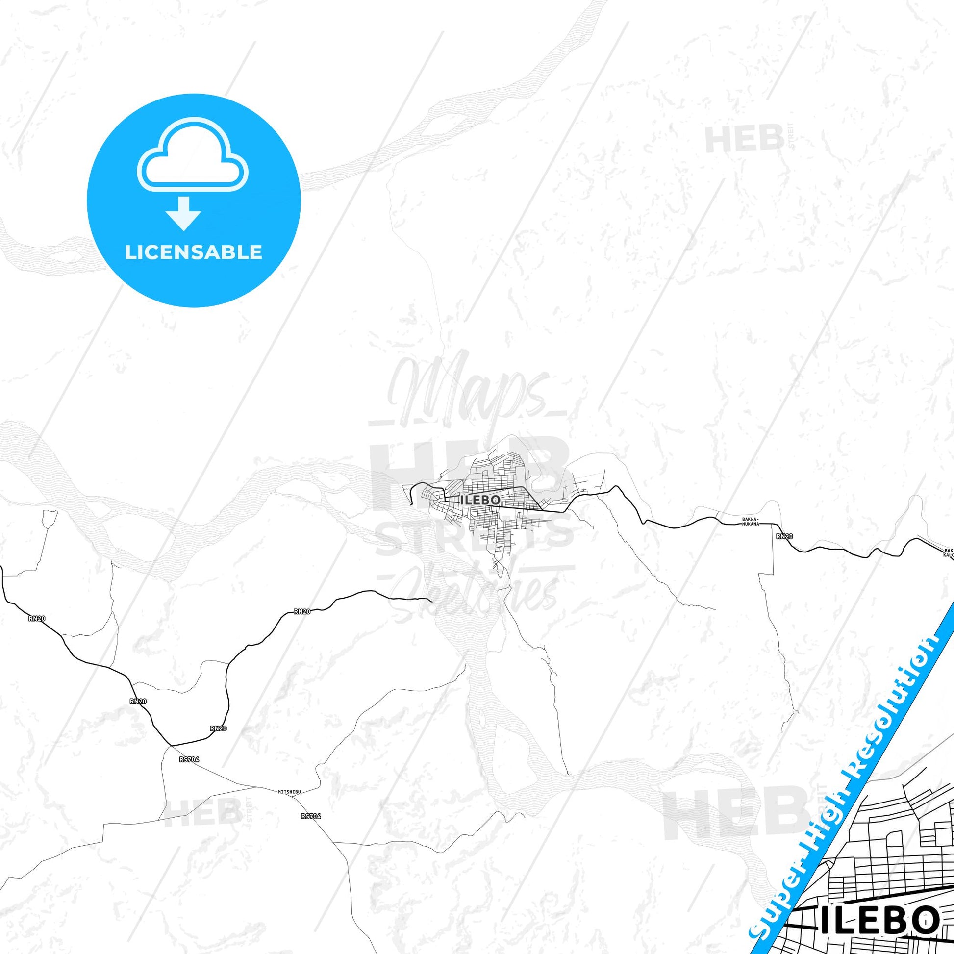Ilebo, DR Congo light map with streetnames, citynames and districts