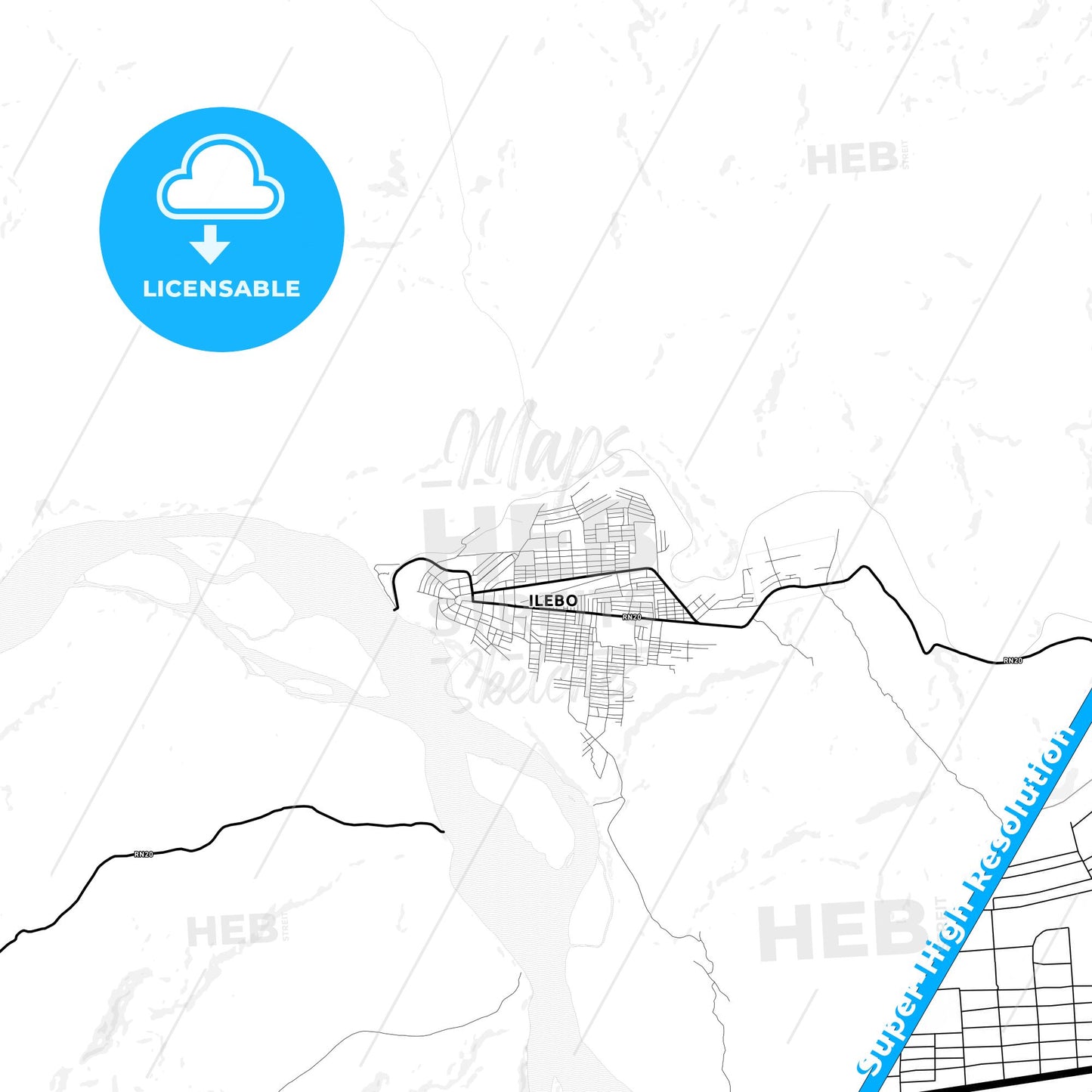 Ilebo, DR Congo Light Map with Street Names, City Names, and Districts