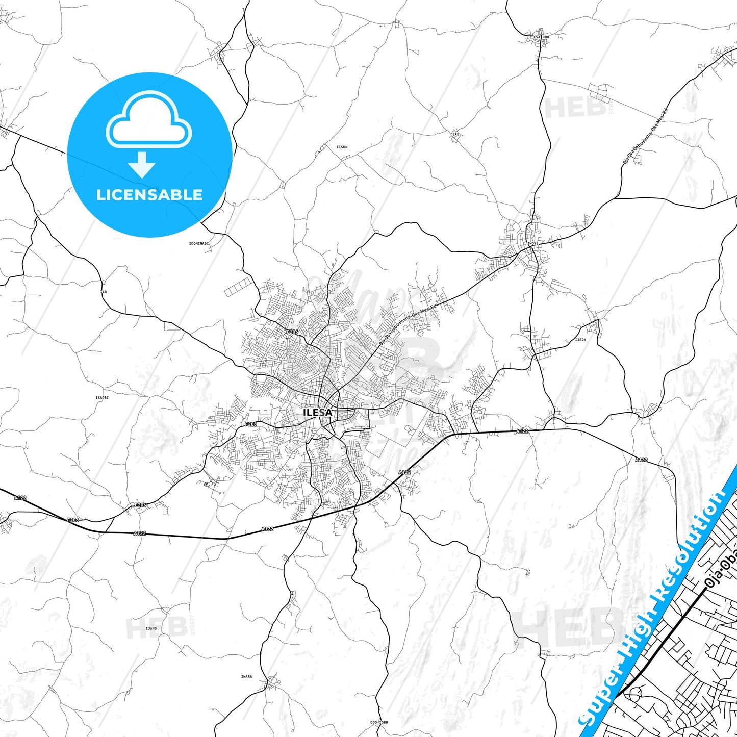 Ilesa, Nigeria light map with streetnames, citynames and districts