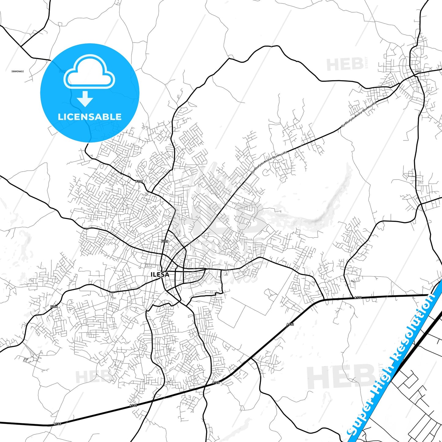 Ilesa, Nigeria Light Map with Street Names, City Names, and Districts