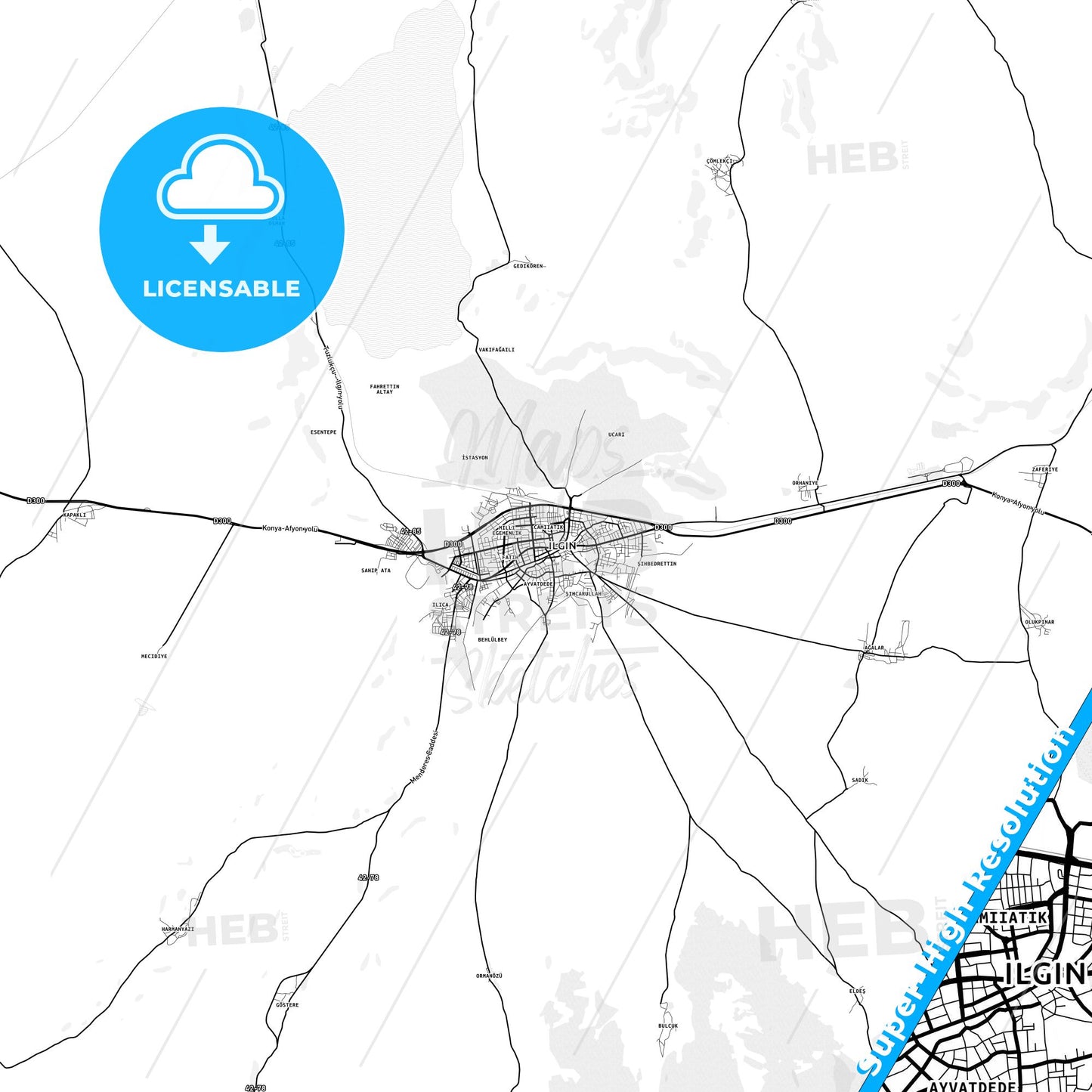 Ilgın, Turkey light map with streetnames, citynames and districts