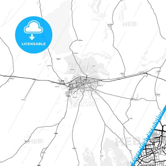 Ilgın, Turkey light map with streetnames, citynames and districts