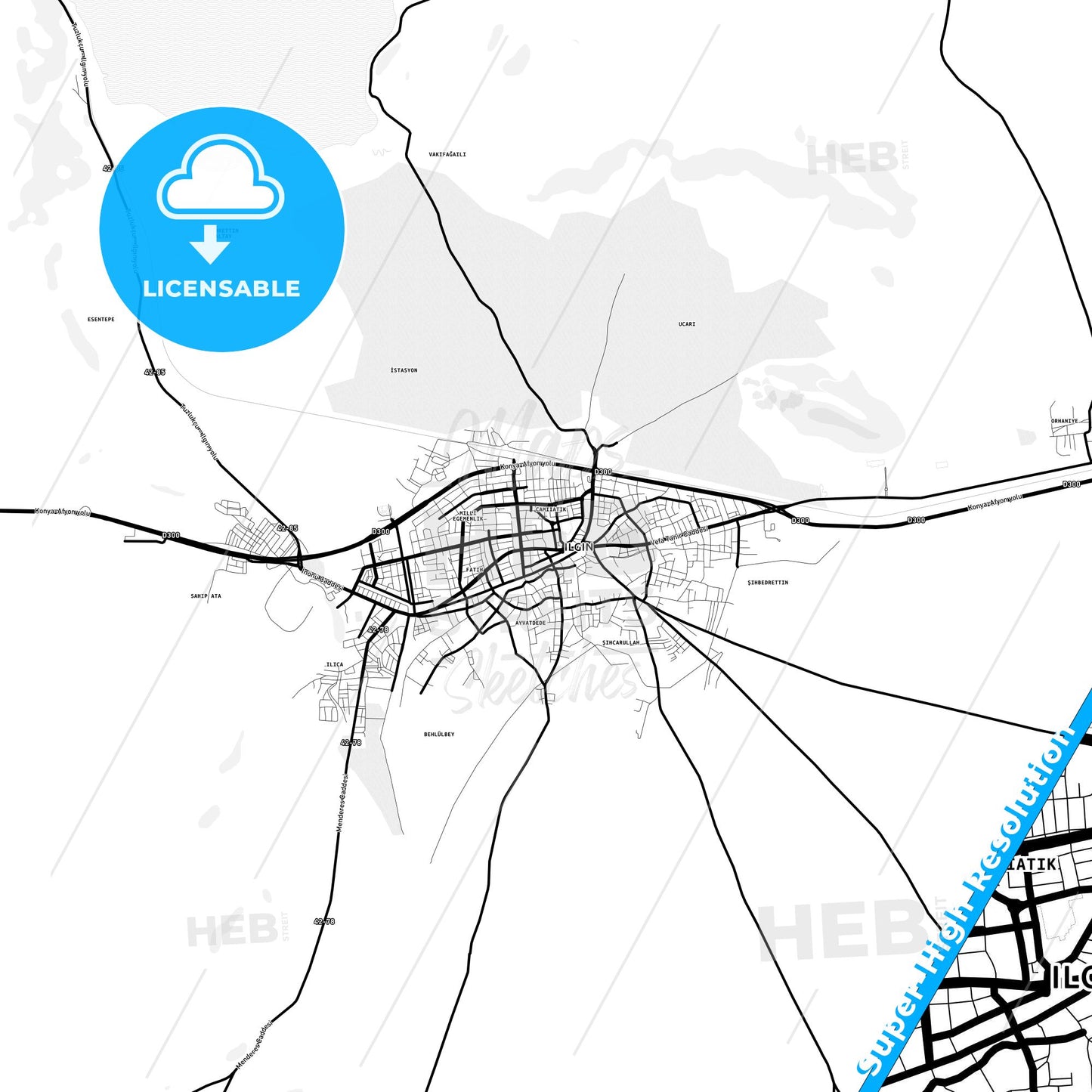 Ilgın, Turkey Light Map with Street Names, City Names, and Districts