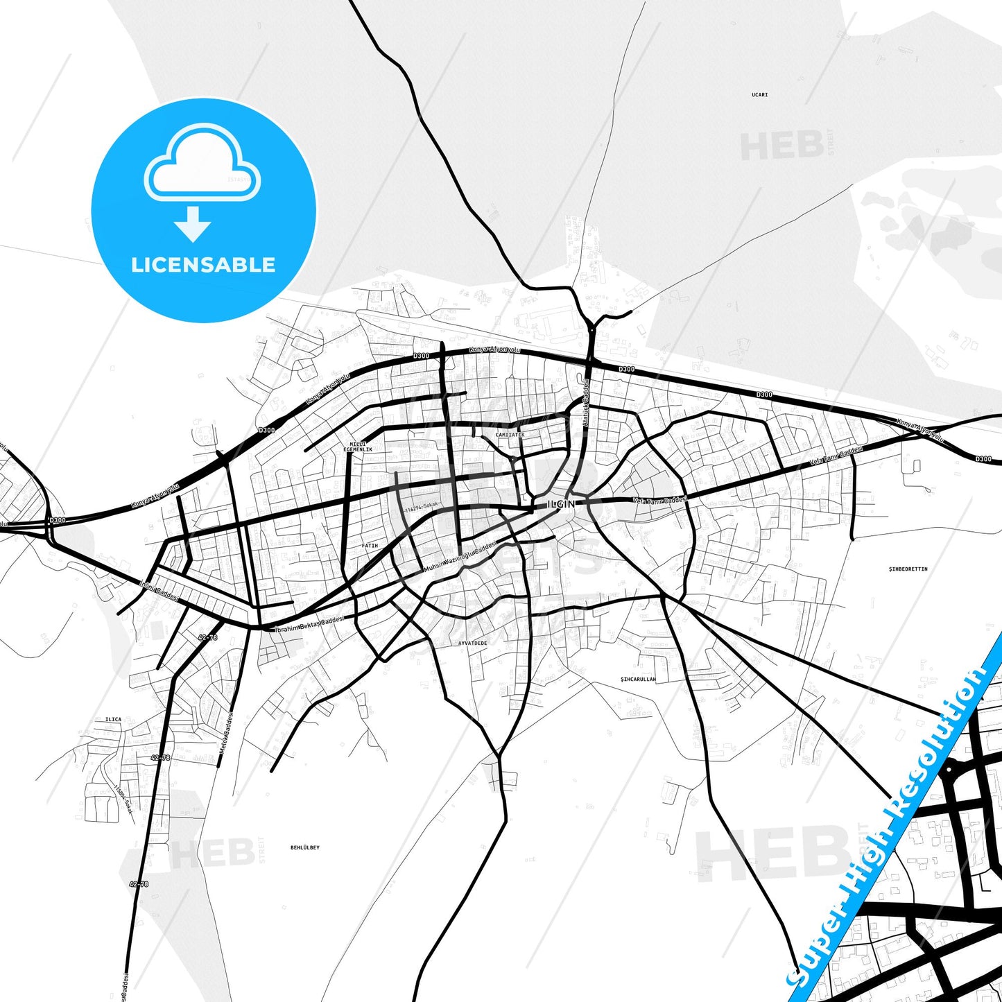 Ilgın, Turkey Light Map with Street Names, City Names, and Districts