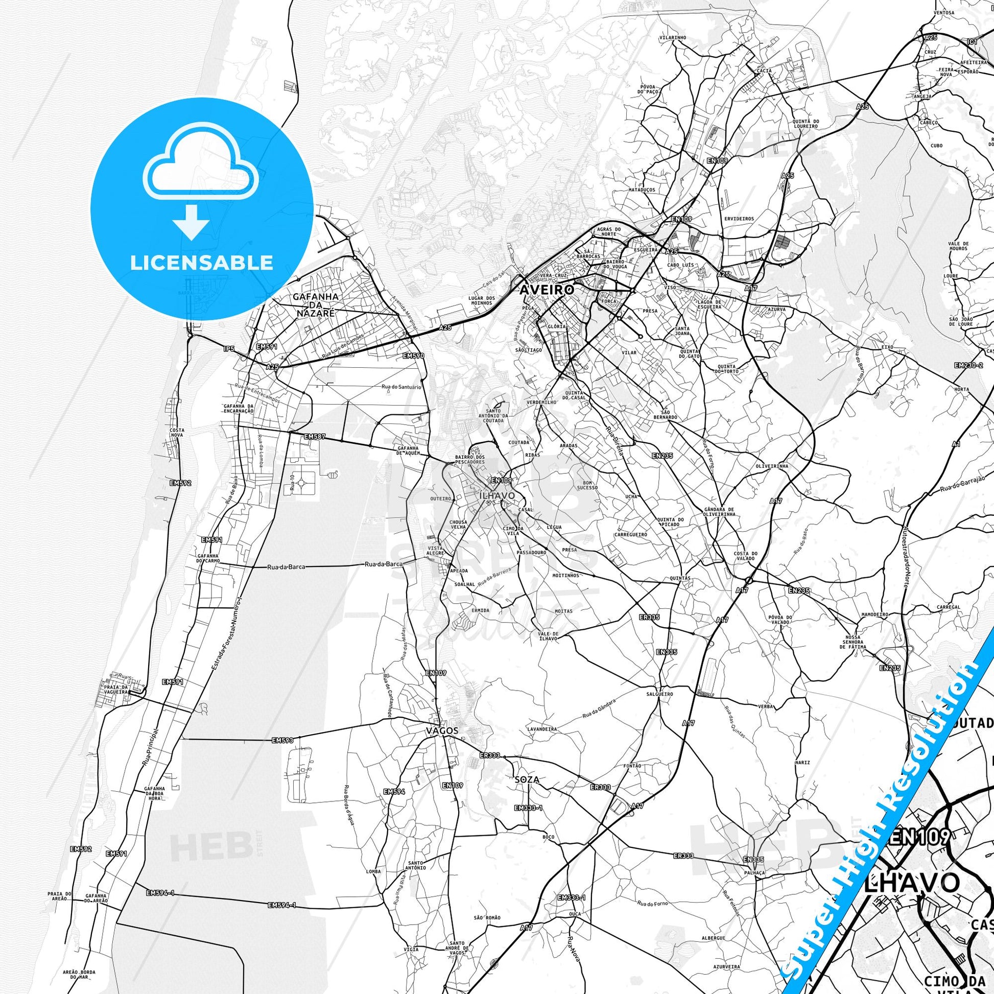 Ílhavo, Portugal light map with streetnames, citynames and districts
