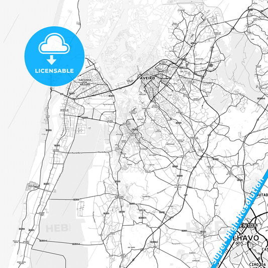 Ílhavo, Portugal light map with streetnames, citynames and districts
