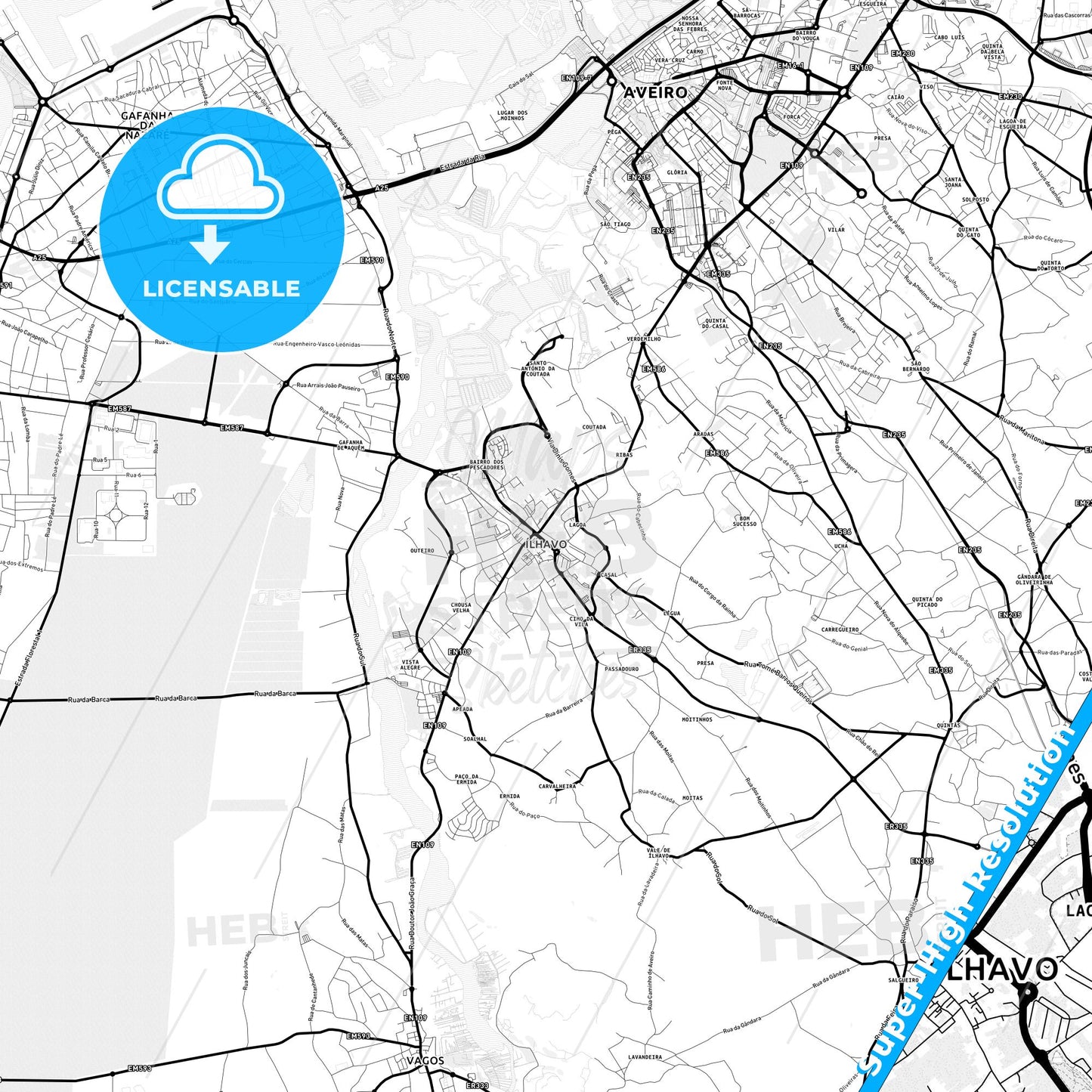 Ílhavo, Portugal Light Map with Street Names, City Names, and Districts